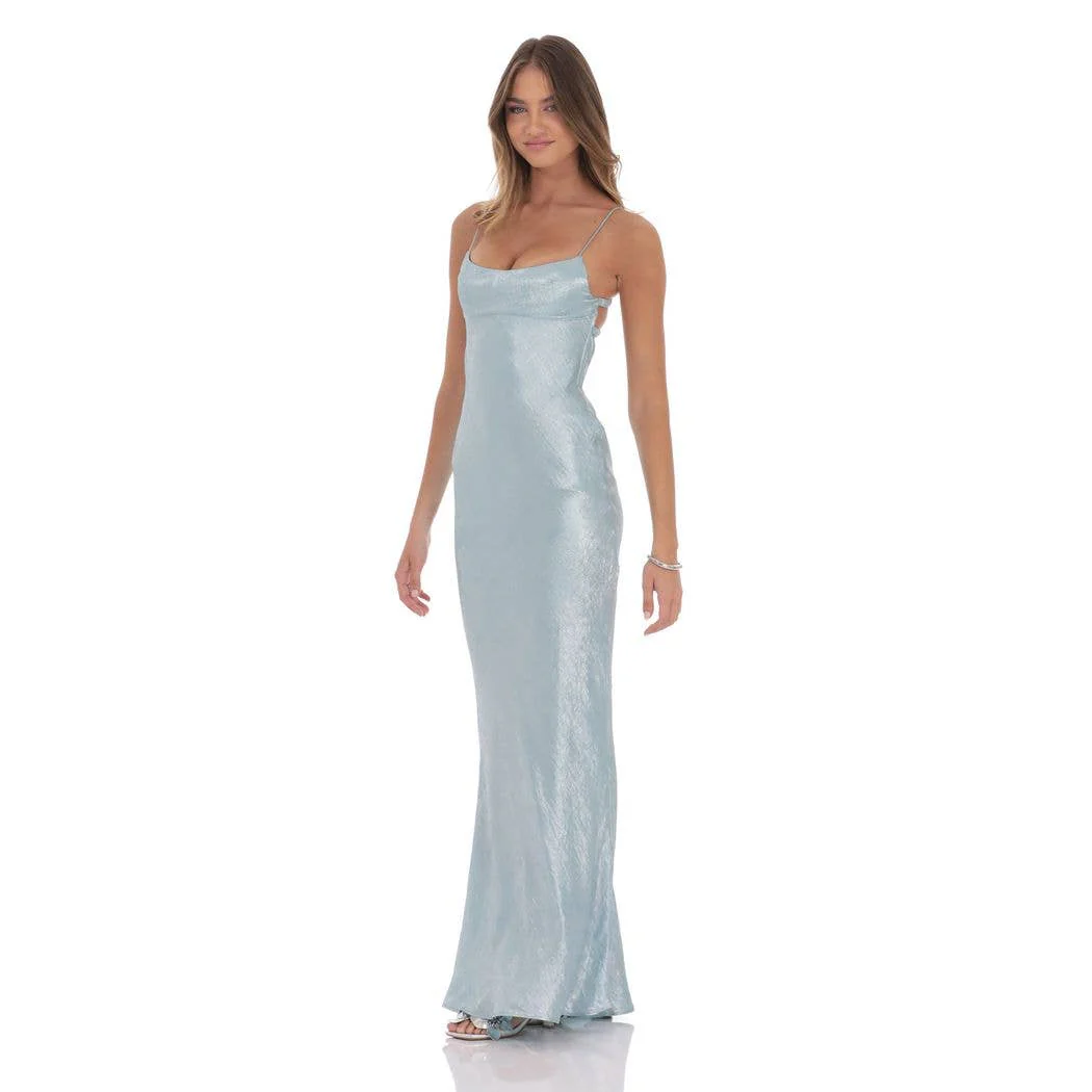 Crinkle Satin Open Back Maxi Dress in Sky Blue