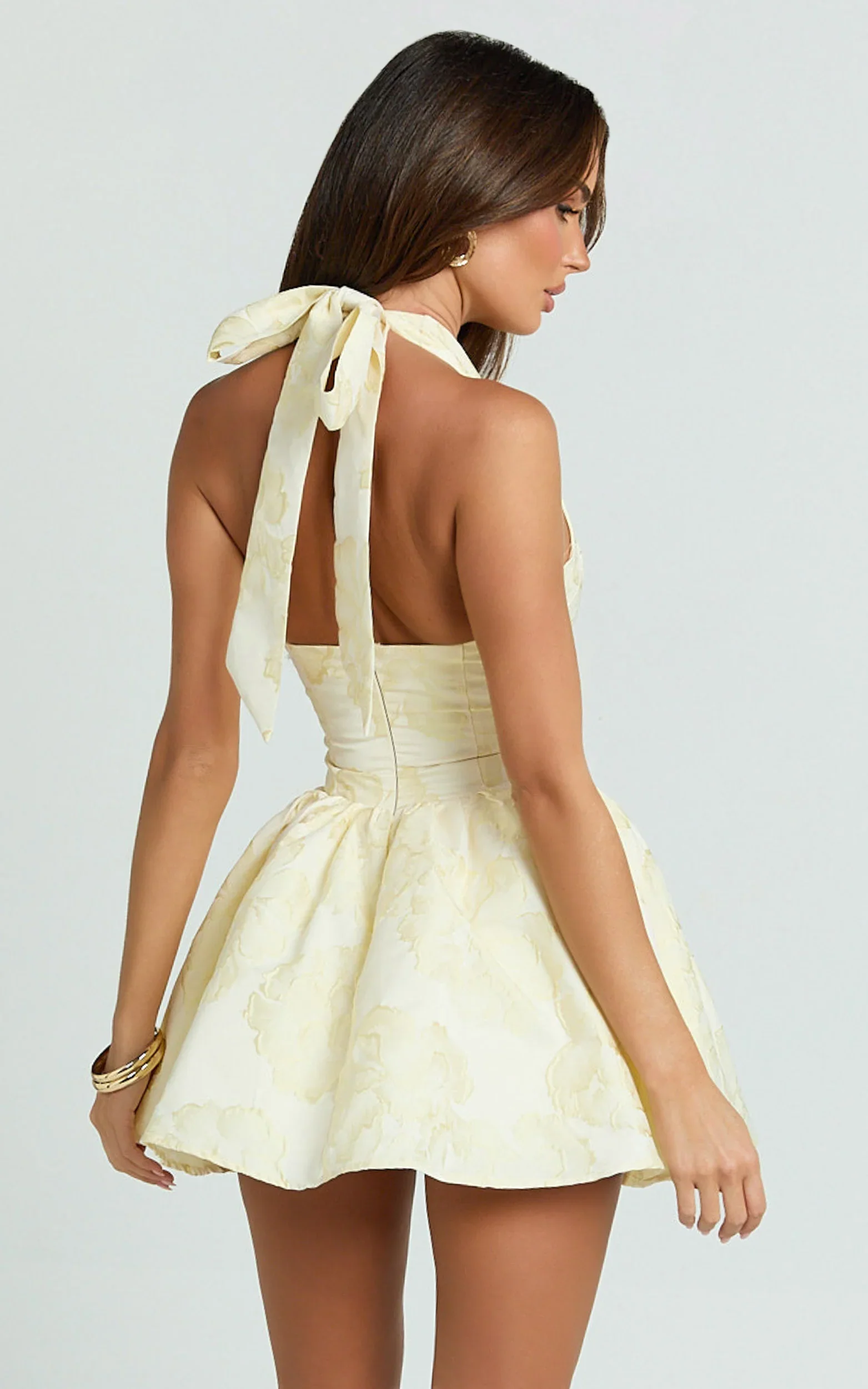 Maddy Mini Dress Square Neck Halter Fit And Flare Dress in Lemon