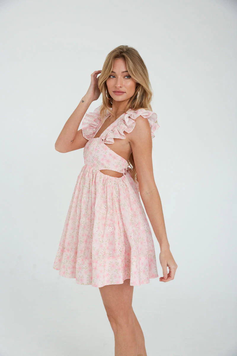 Cara Floral Eyelet Flutter Sleeve Babydoll Mini Dress