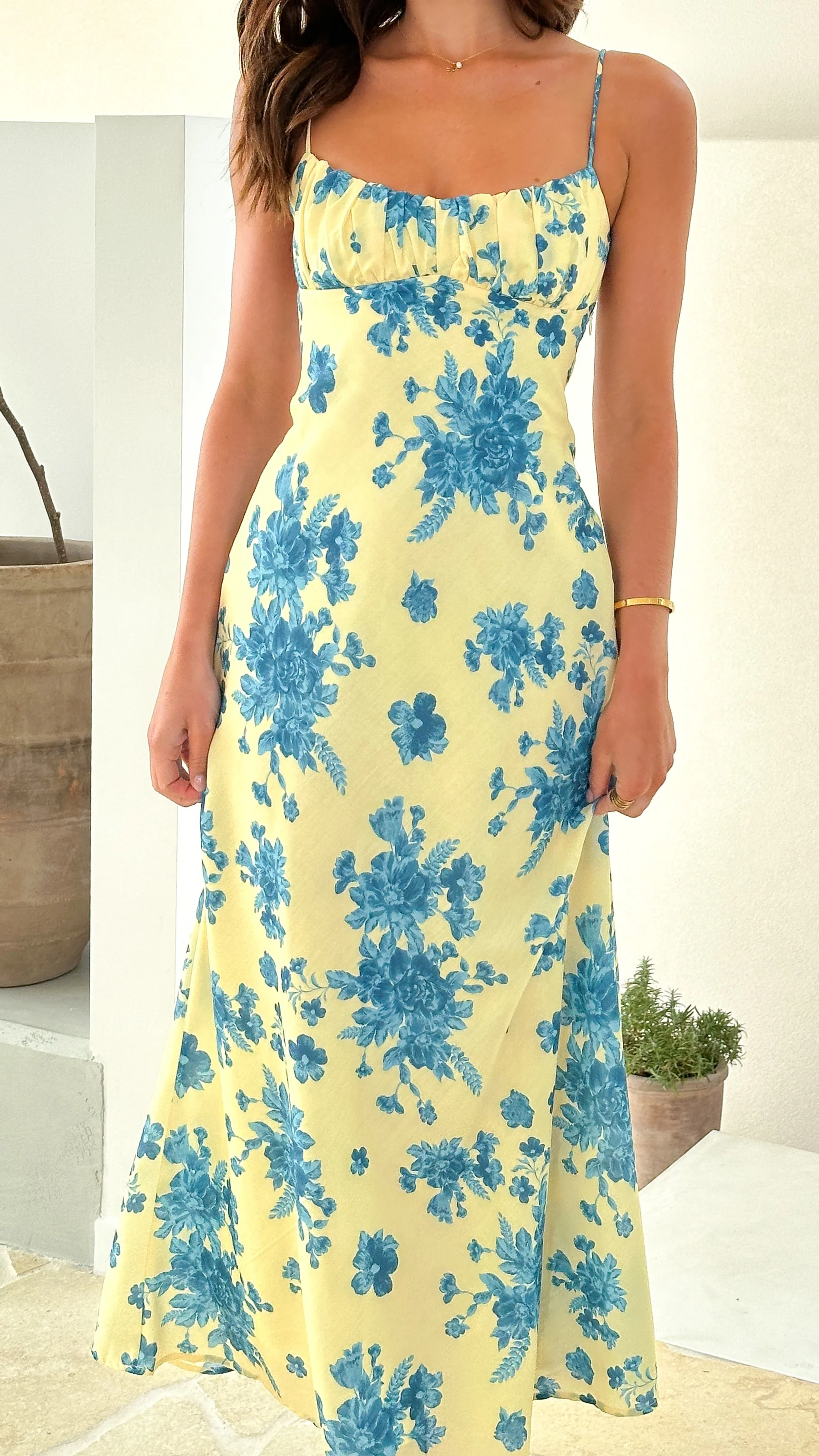 Margie Midi Dress - Yellow / Blue Floral