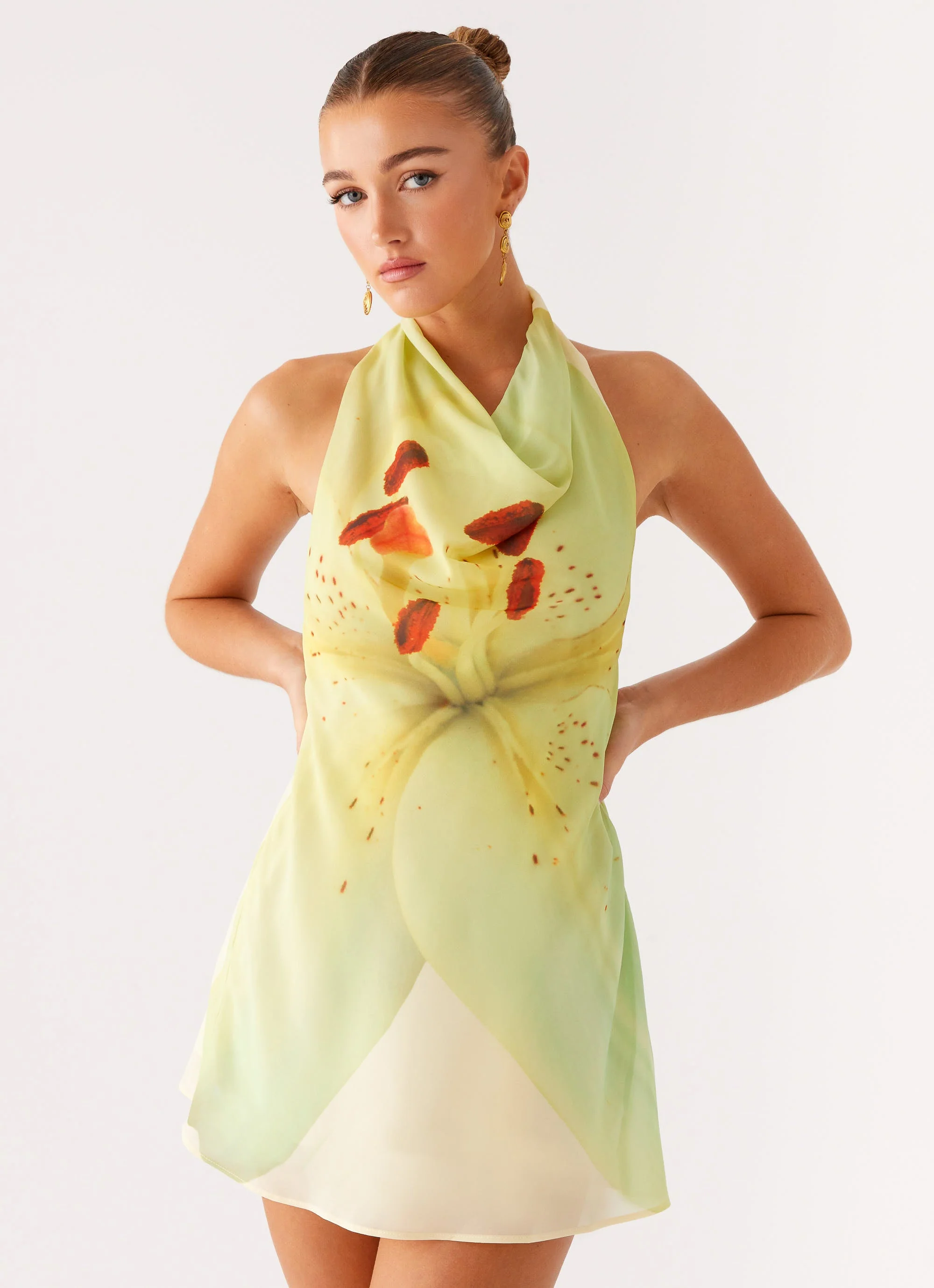 Zofia Cowl Neck Mini Dress - Green Floral