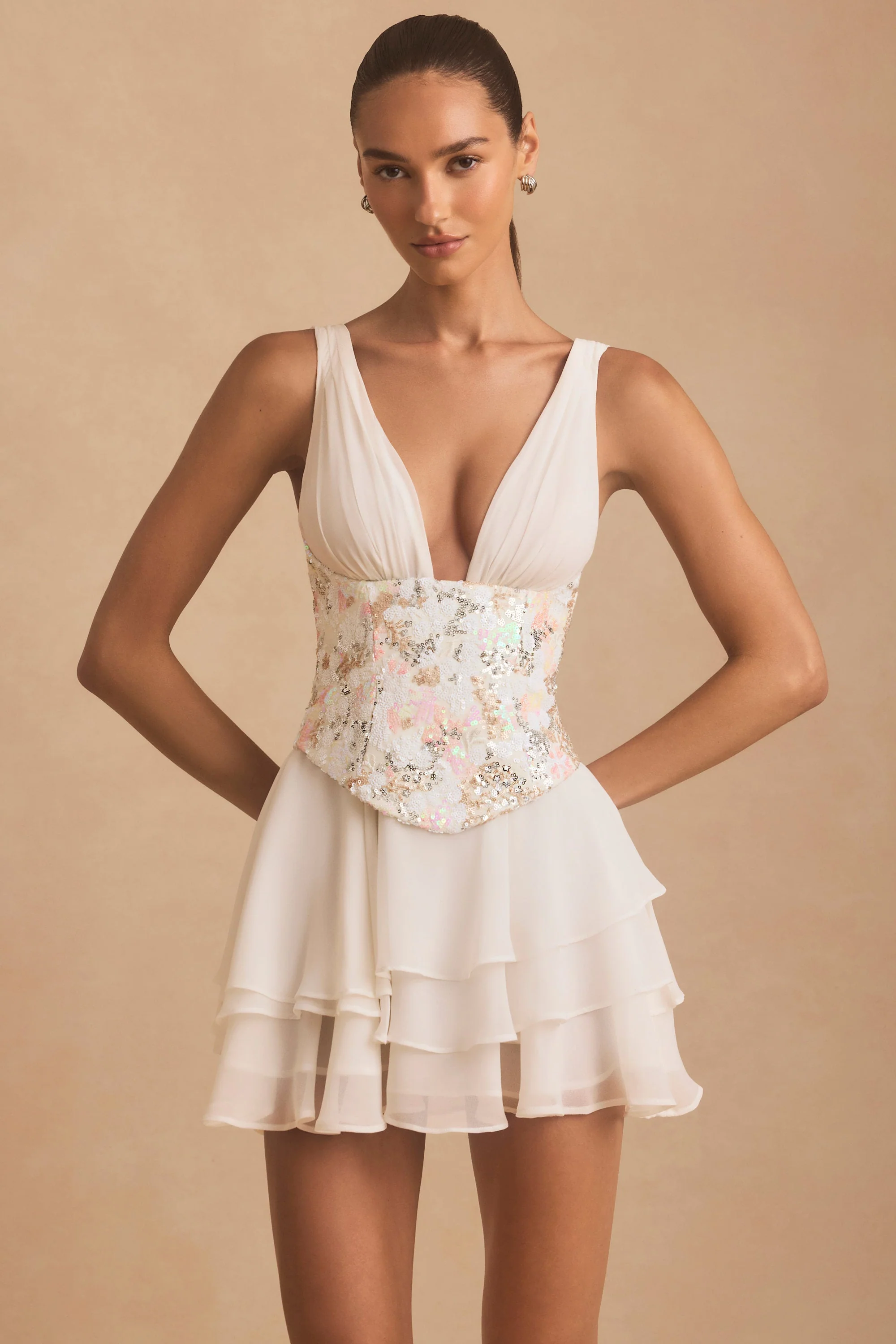 Embellished Ruffled Corset Mini Dress in Ivory