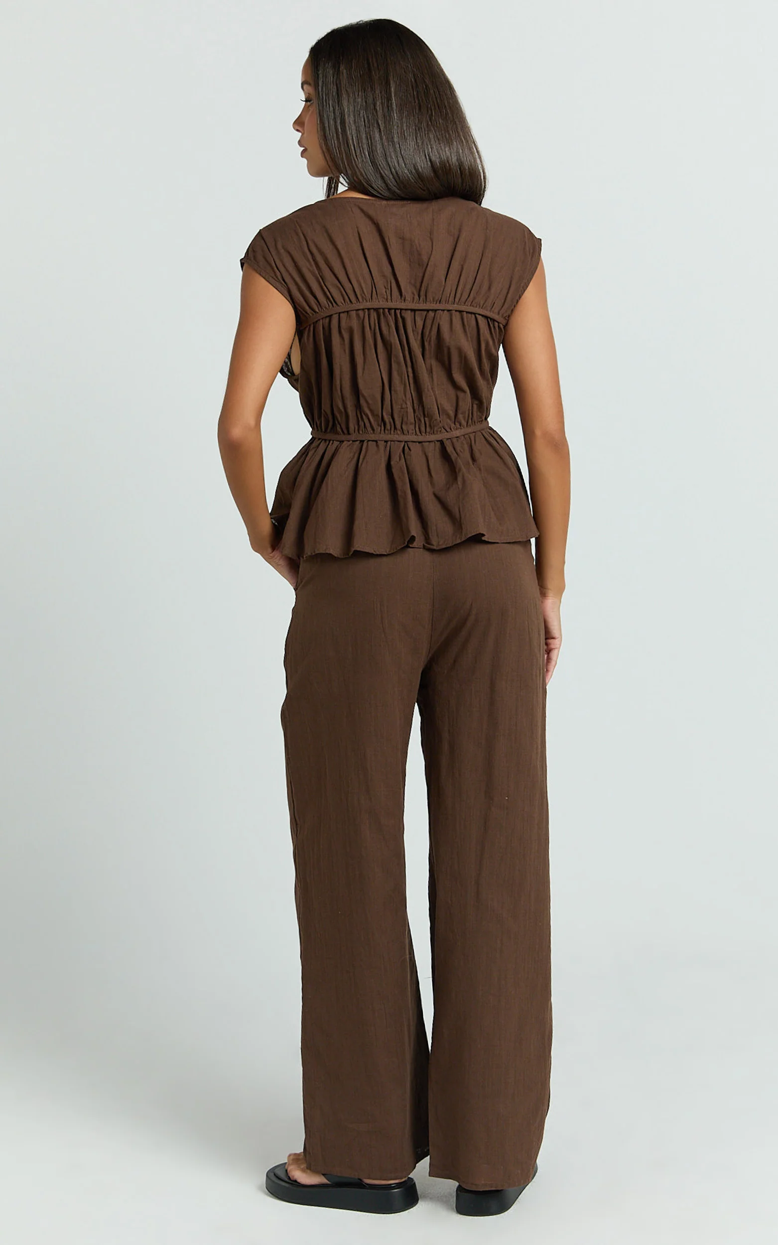 Auric Two Piece Set - Ruched Detail Top and Wide Leg Pants Set in Brown