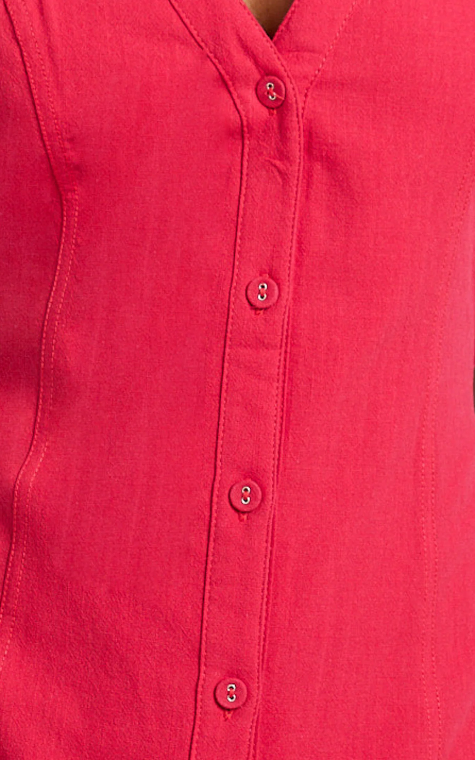 Juliet Midi Dress - Button Through V Neck Dress in Red