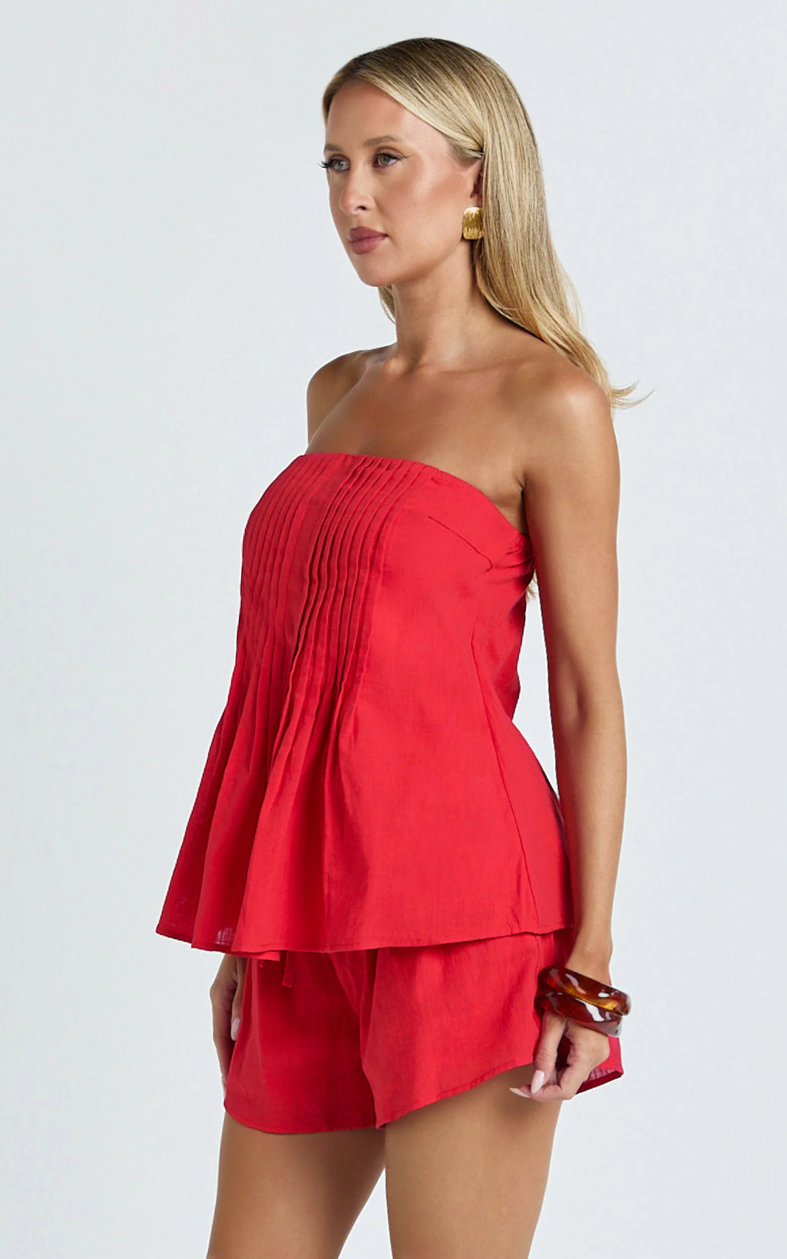 Mardie Two Piece Set - Pin Tuck Strapless Top and Short Set in Red