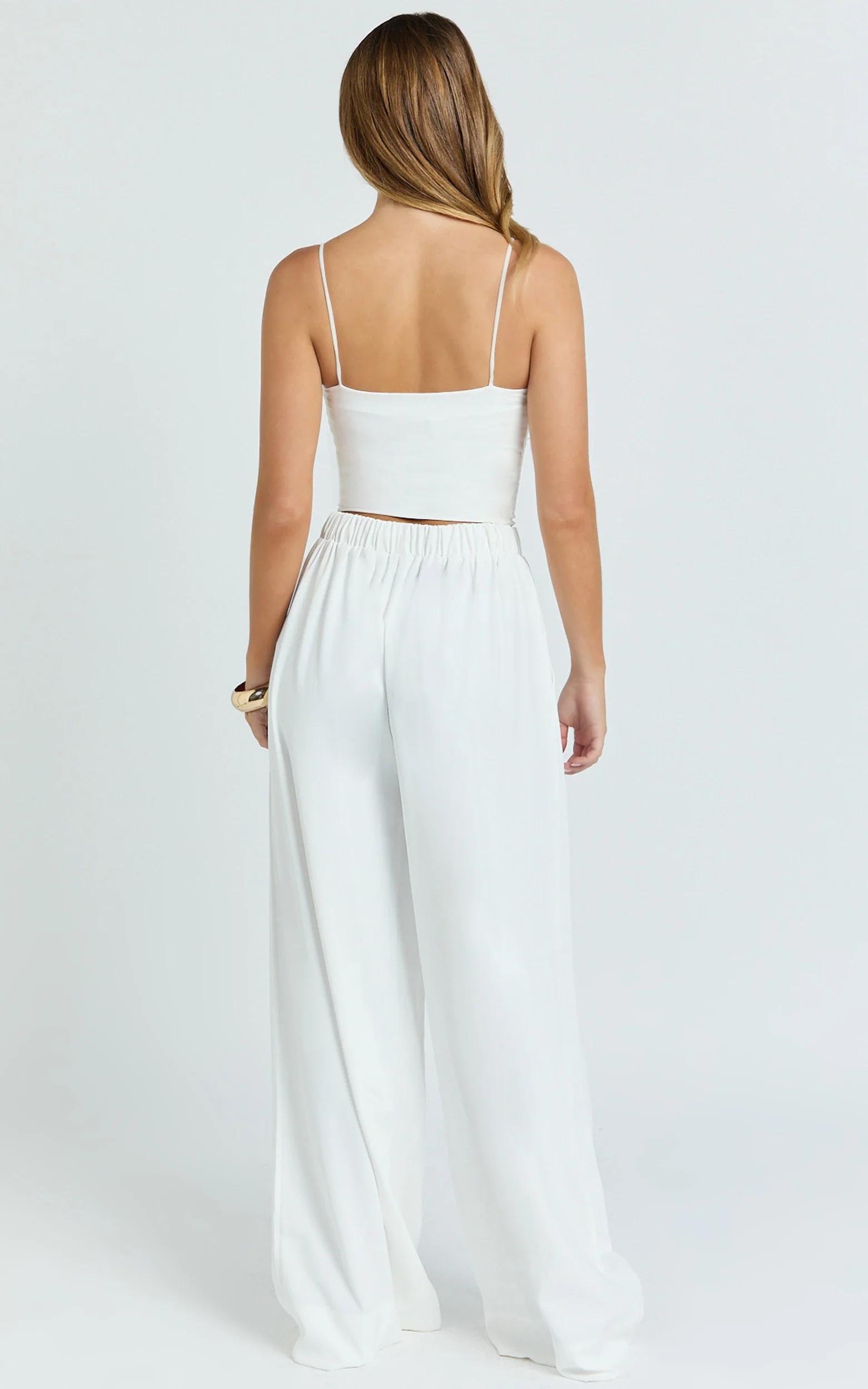 Nicole Pants - High Waist Elasticated Gathered Waist Wide Leg Pants in White