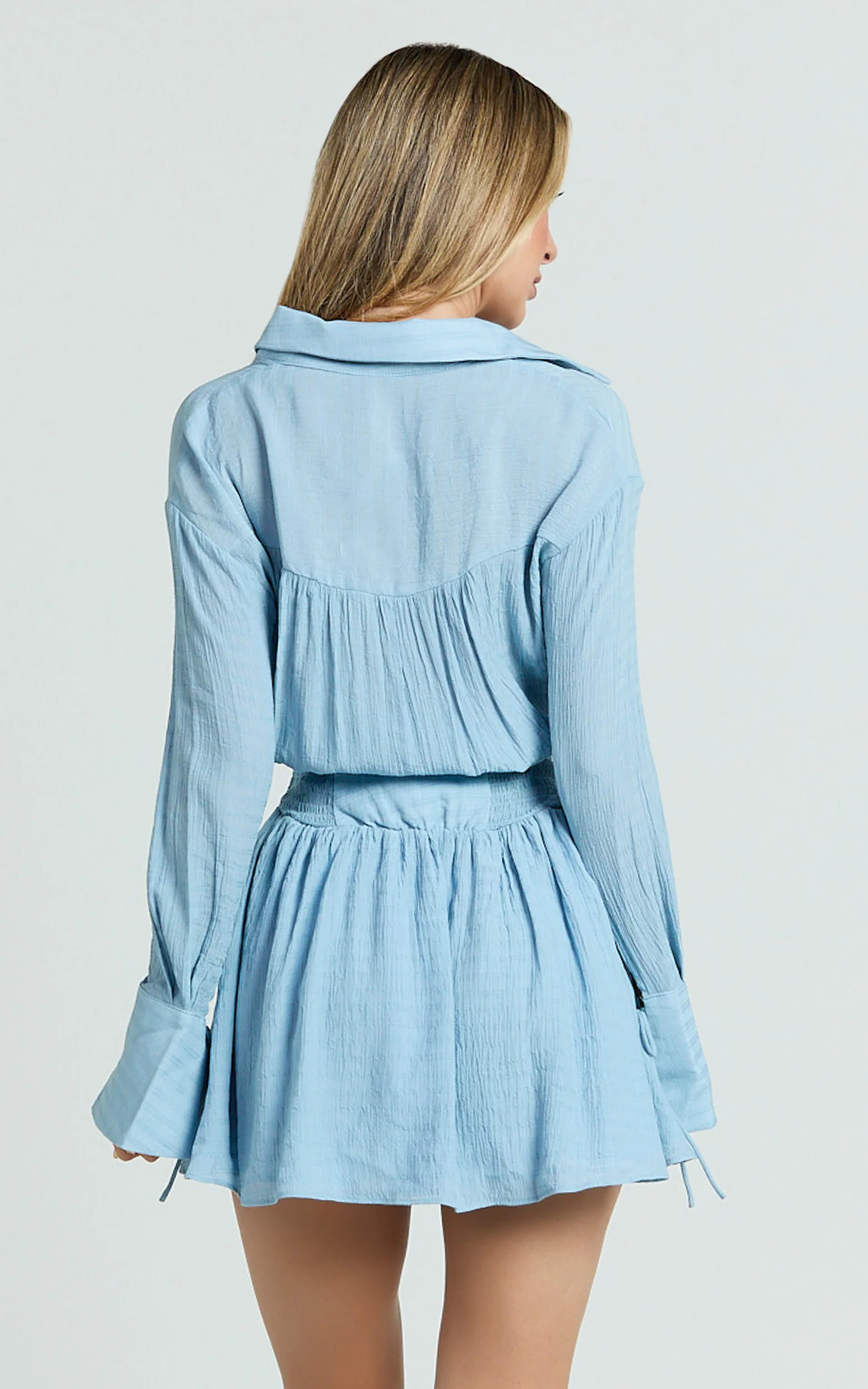Valerie Mini Dress - Collared Long Sleeve Corset Waist Shirt Dress in Pale Blue