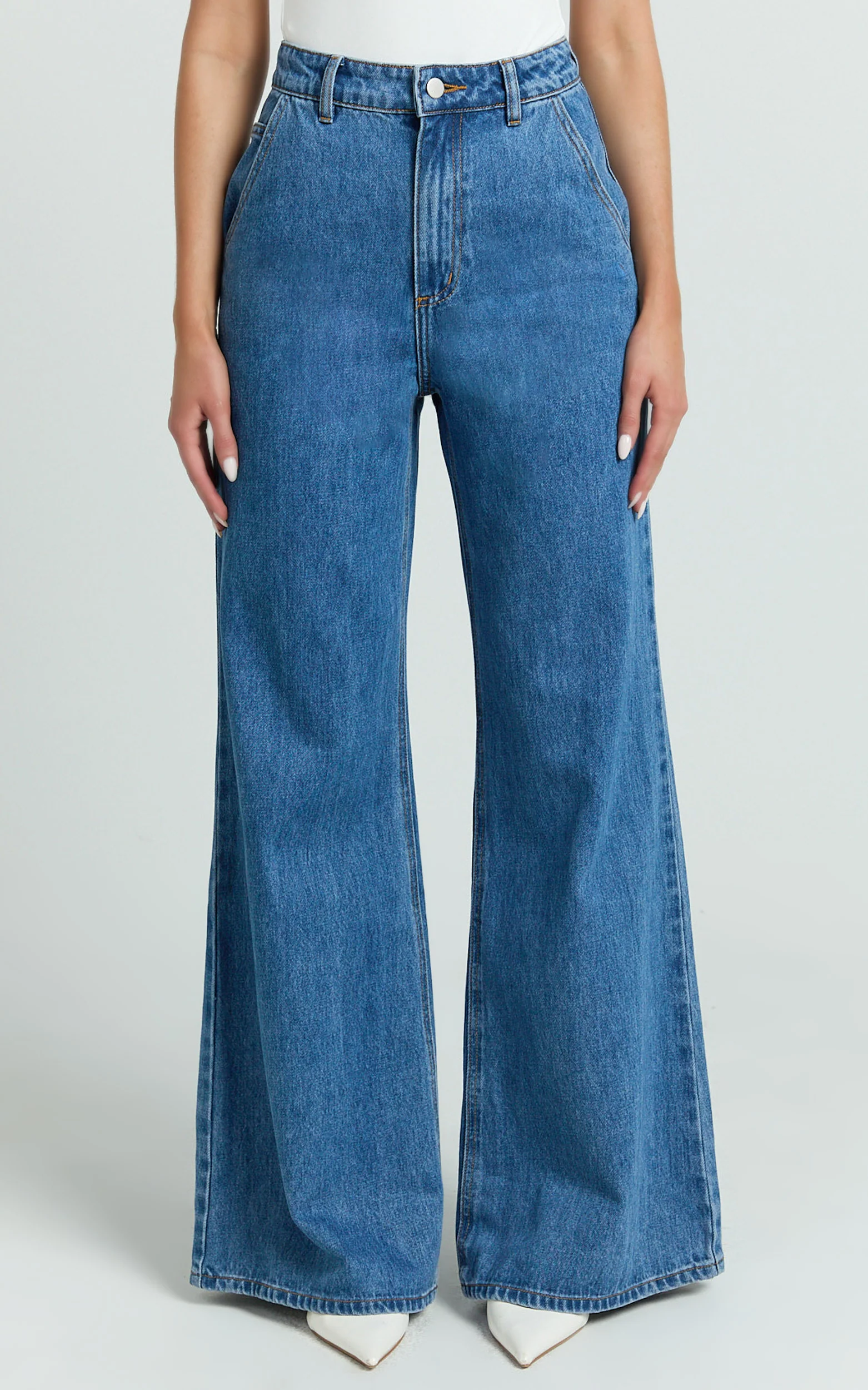 Therese Jeans - High Waist Wide Leg Flare Recycled Denim Jeans in Dark Blue Wash