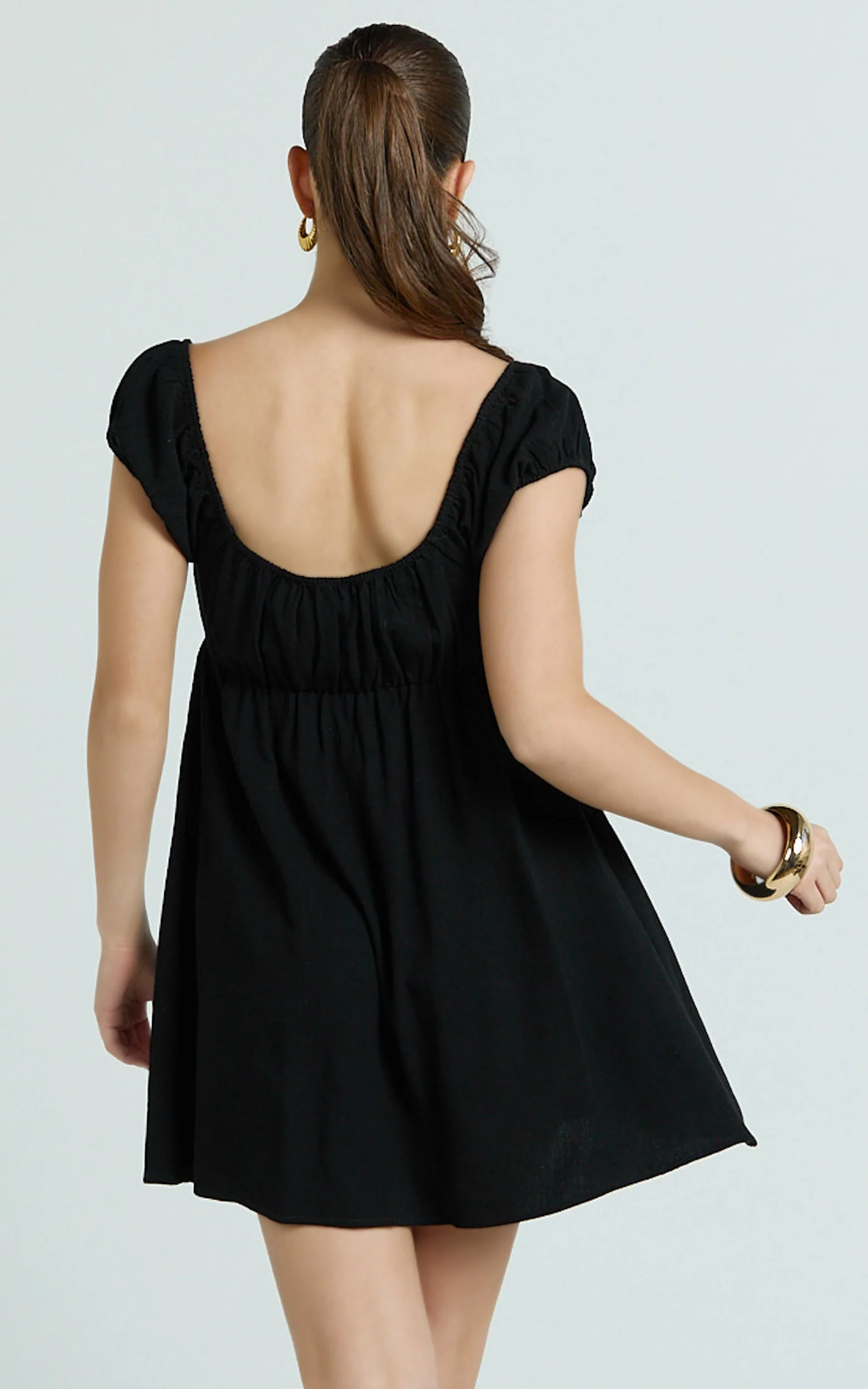 Brooks Mini Dress - Puff Sleeve Front Tie Babydoll Dress in Black