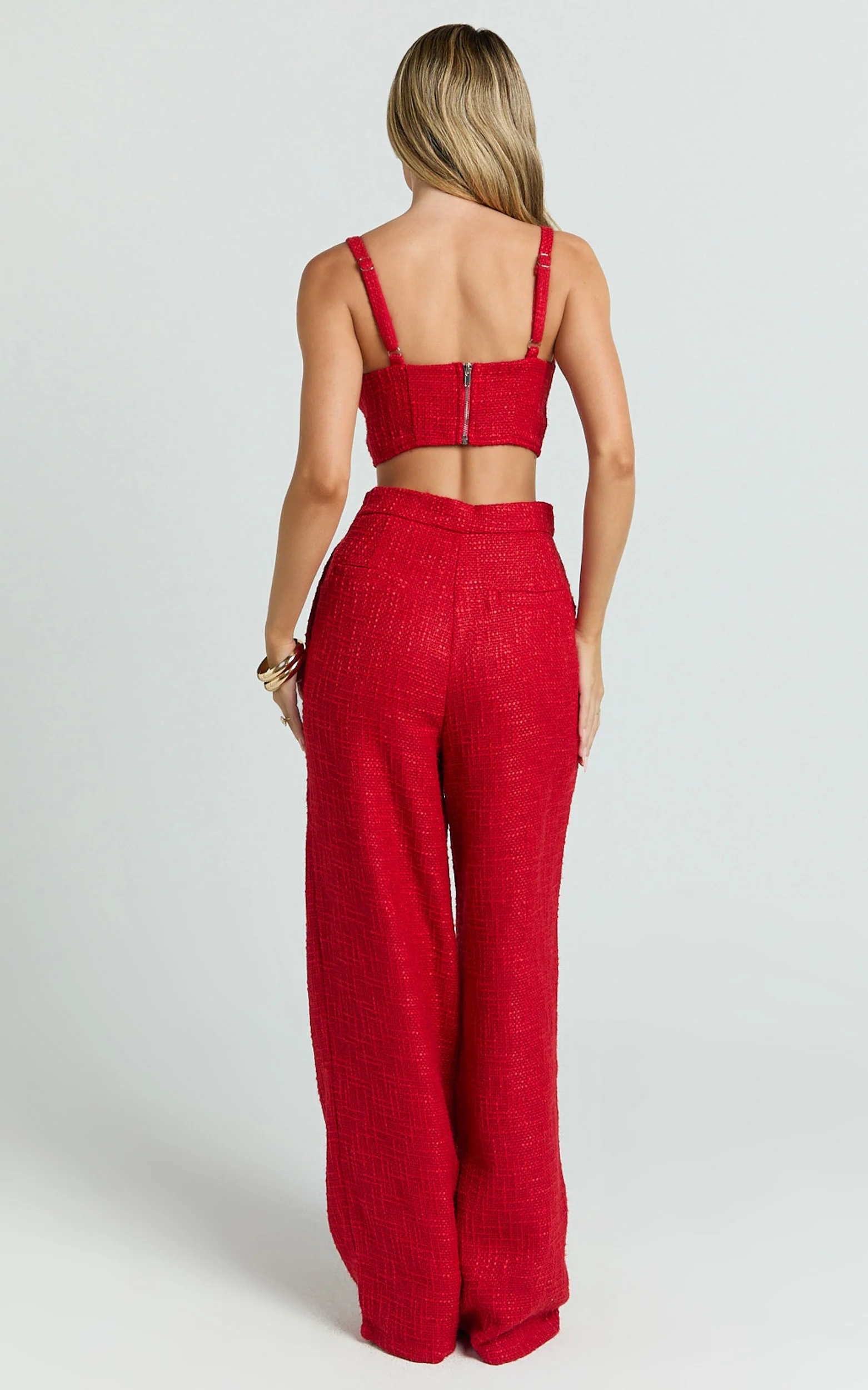 Sylvia Two Piece Set - Corset Top and High Waisted Wide Leg Pants Set in Red