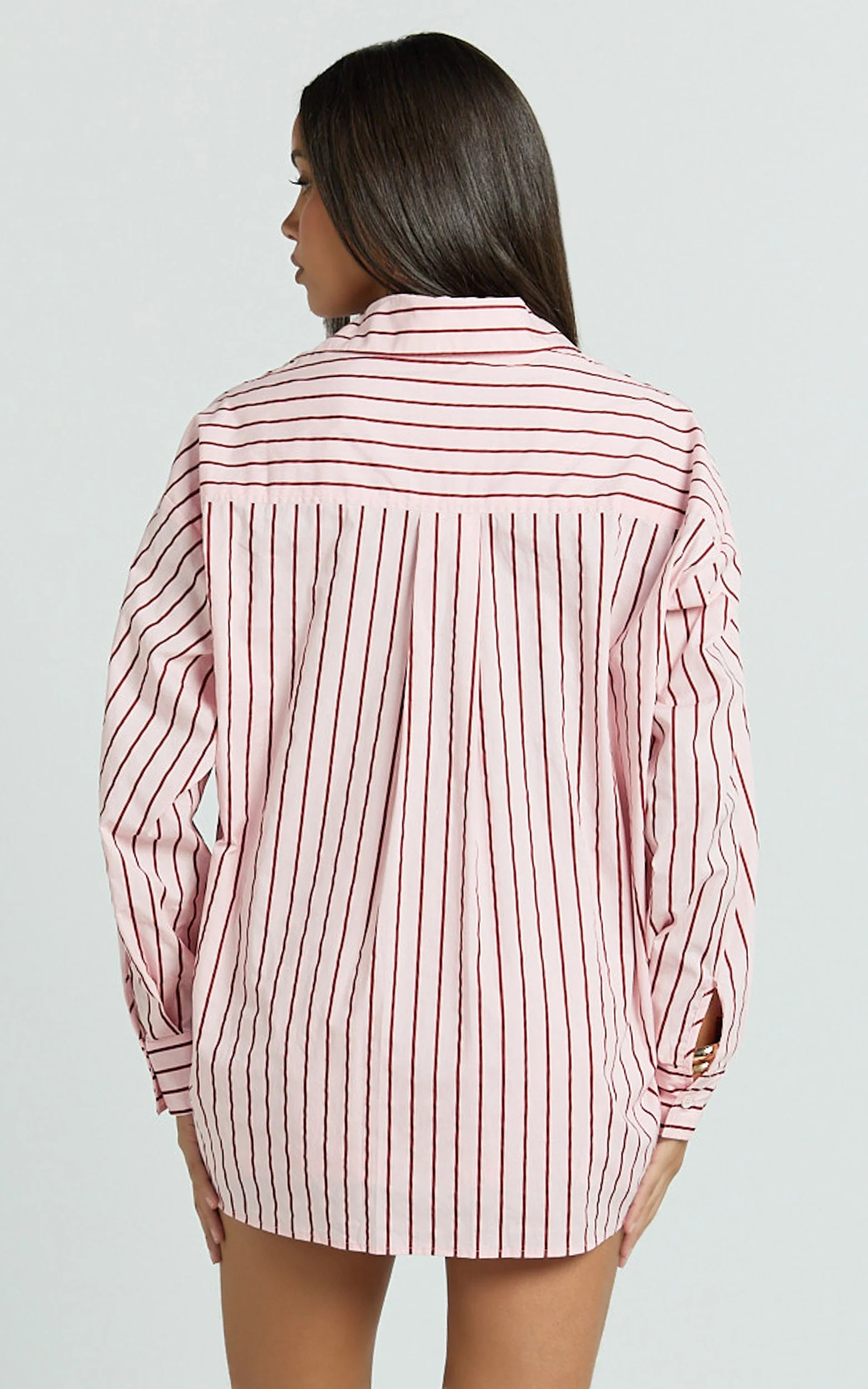 Tristan Top - Oversized Button Down Long Sleeve Striped Shirt in Pink