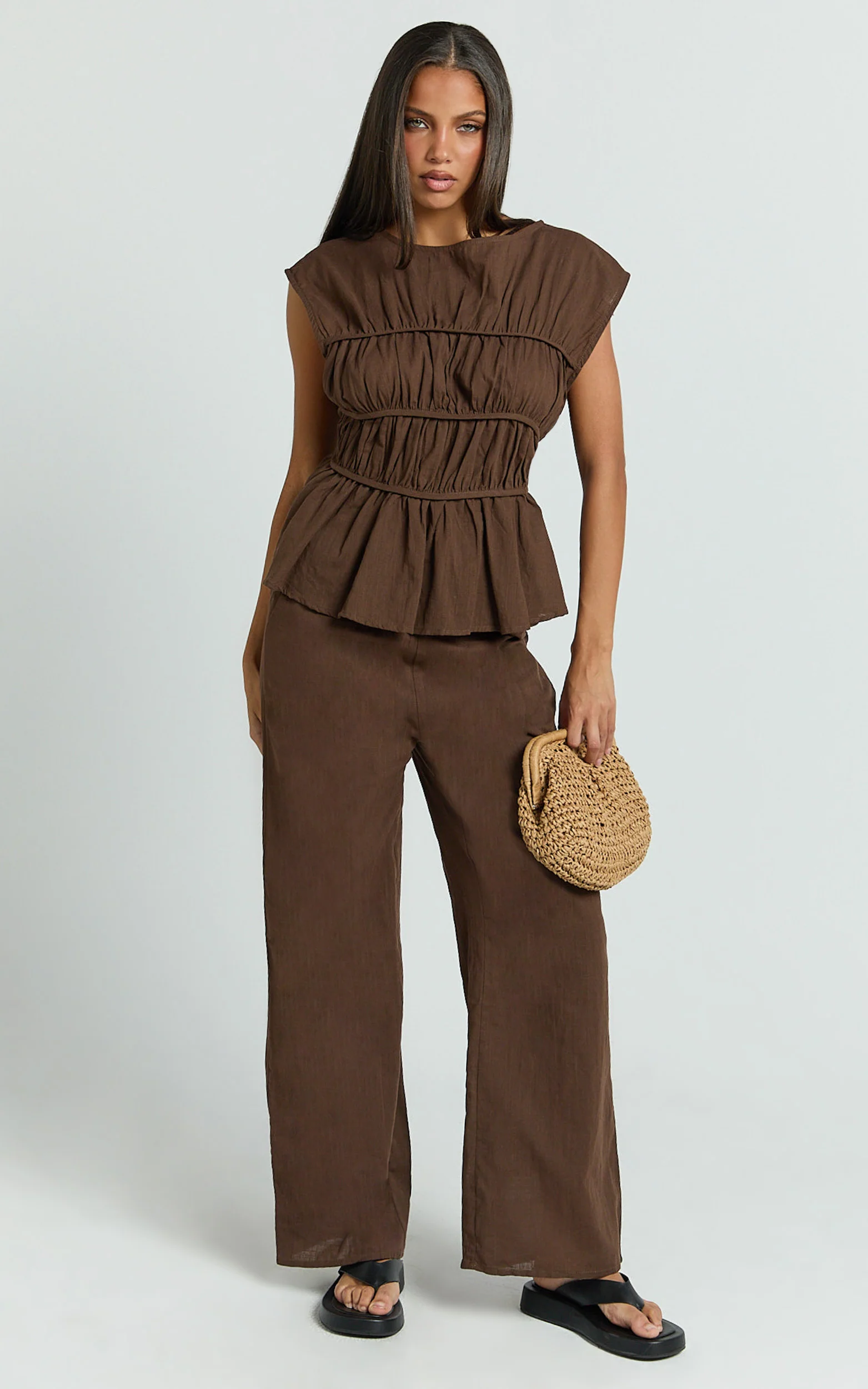 Auric Two Piece Set - Ruched Detail Top and Wide Leg Pants Set in Brown