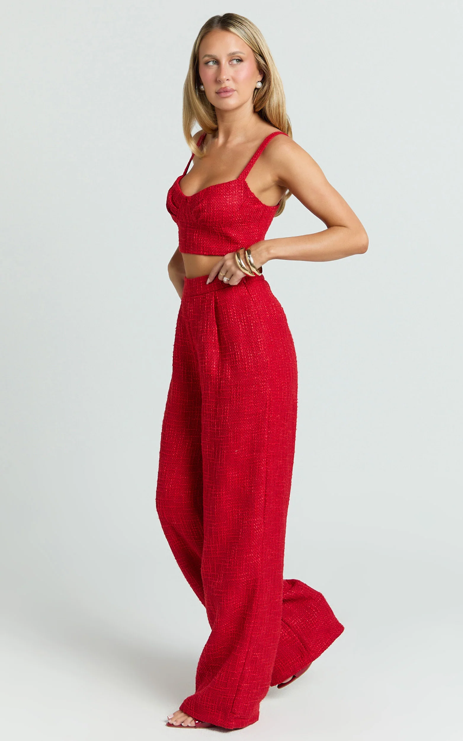 Sylvia Two Piece Set - Corset Top and High Waisted Wide Leg Pants Set in Red