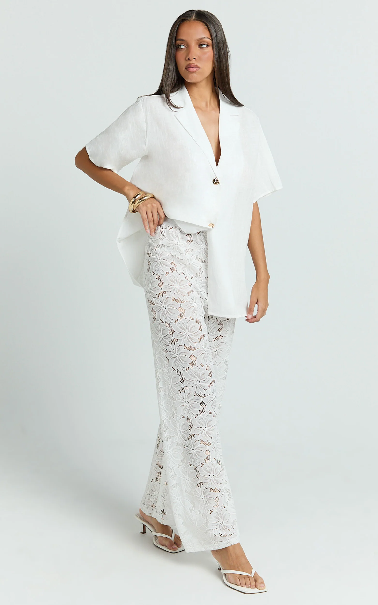 Jemma Two Piece Set - Relaxed Shirt and Lace Pants Set in White