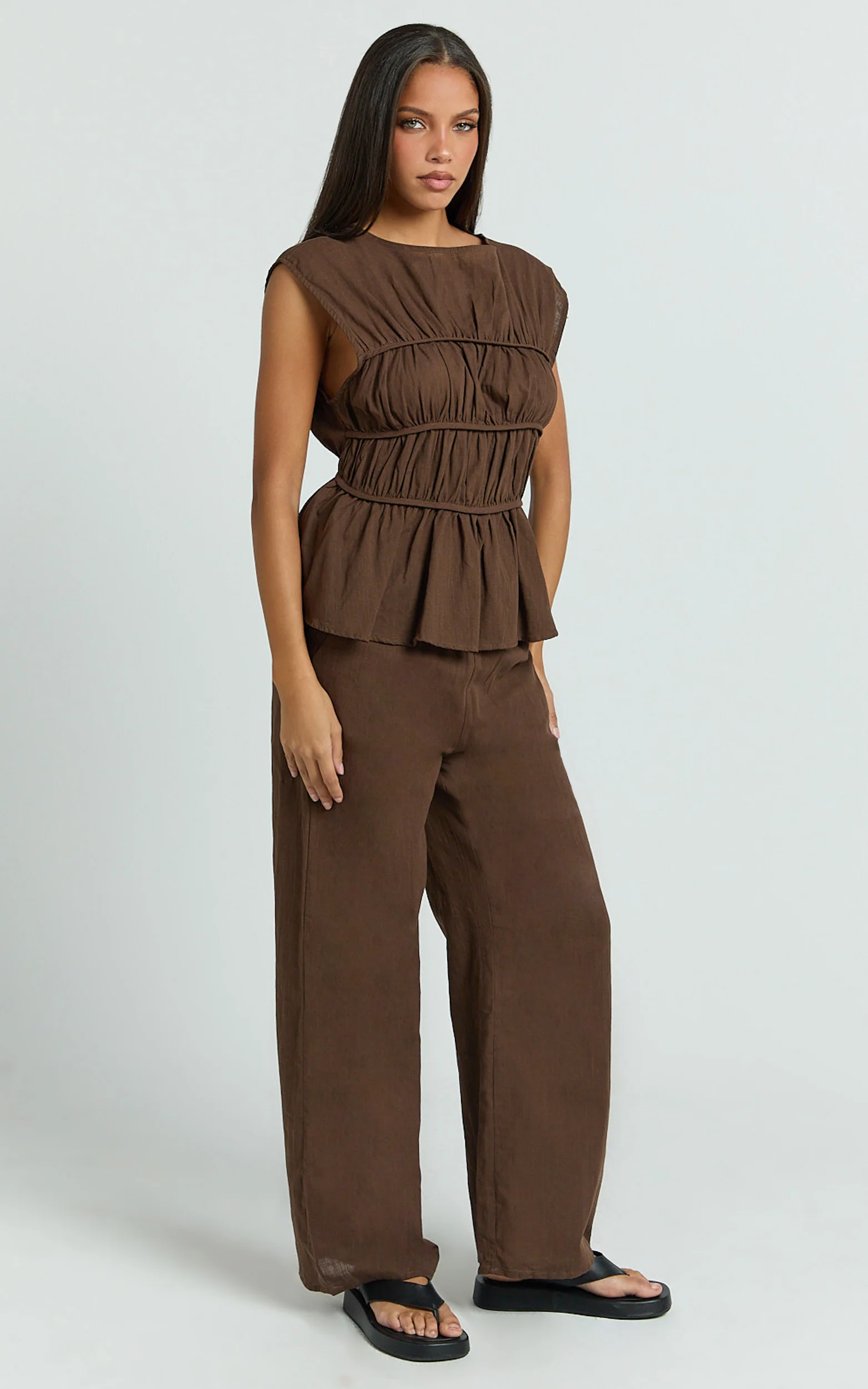 Auric Two Piece Set - Ruched Detail Top and Wide Leg Pants Set in Brown