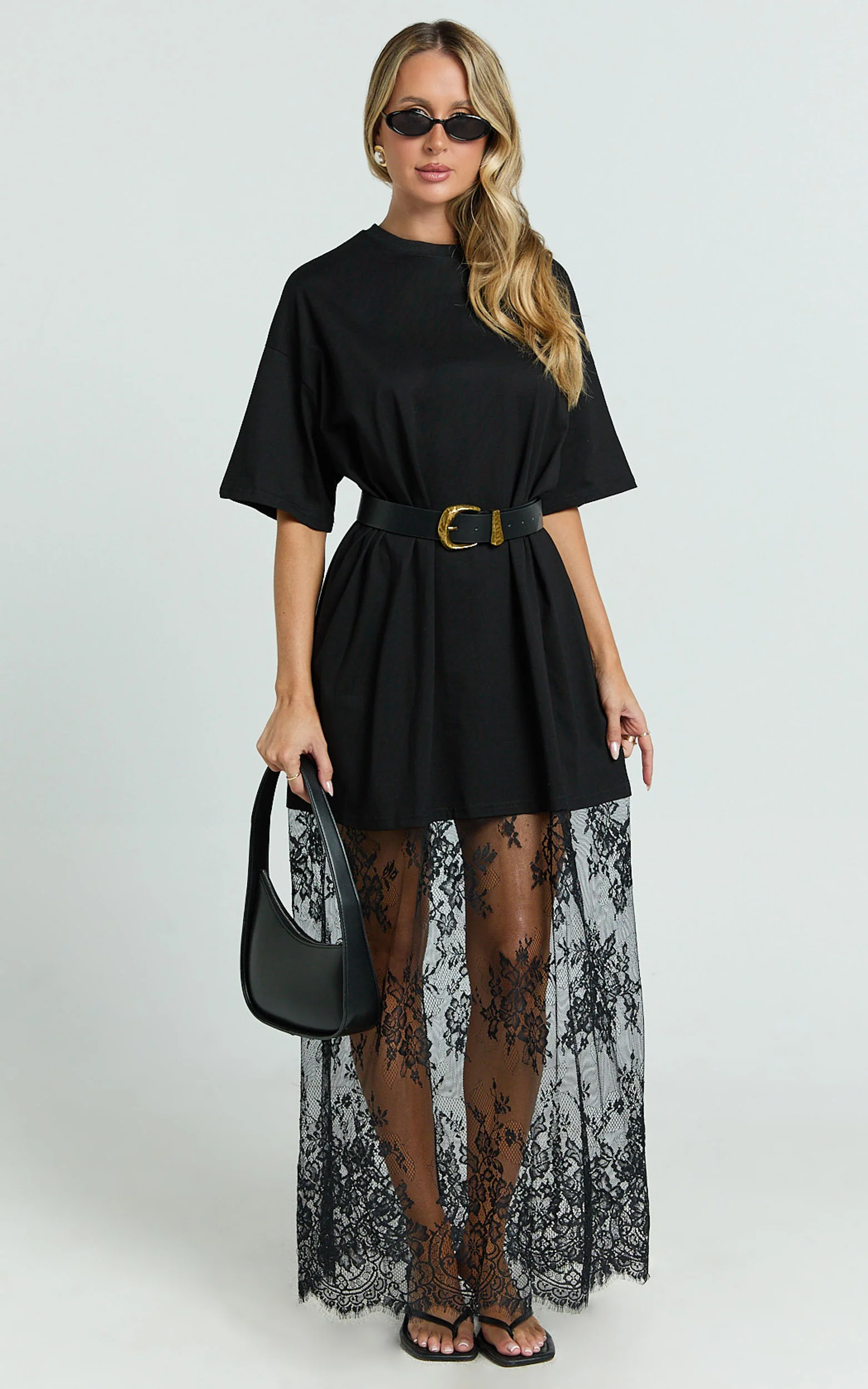 Jonna Midi Dress - Longline Lace Insert Tee in Black