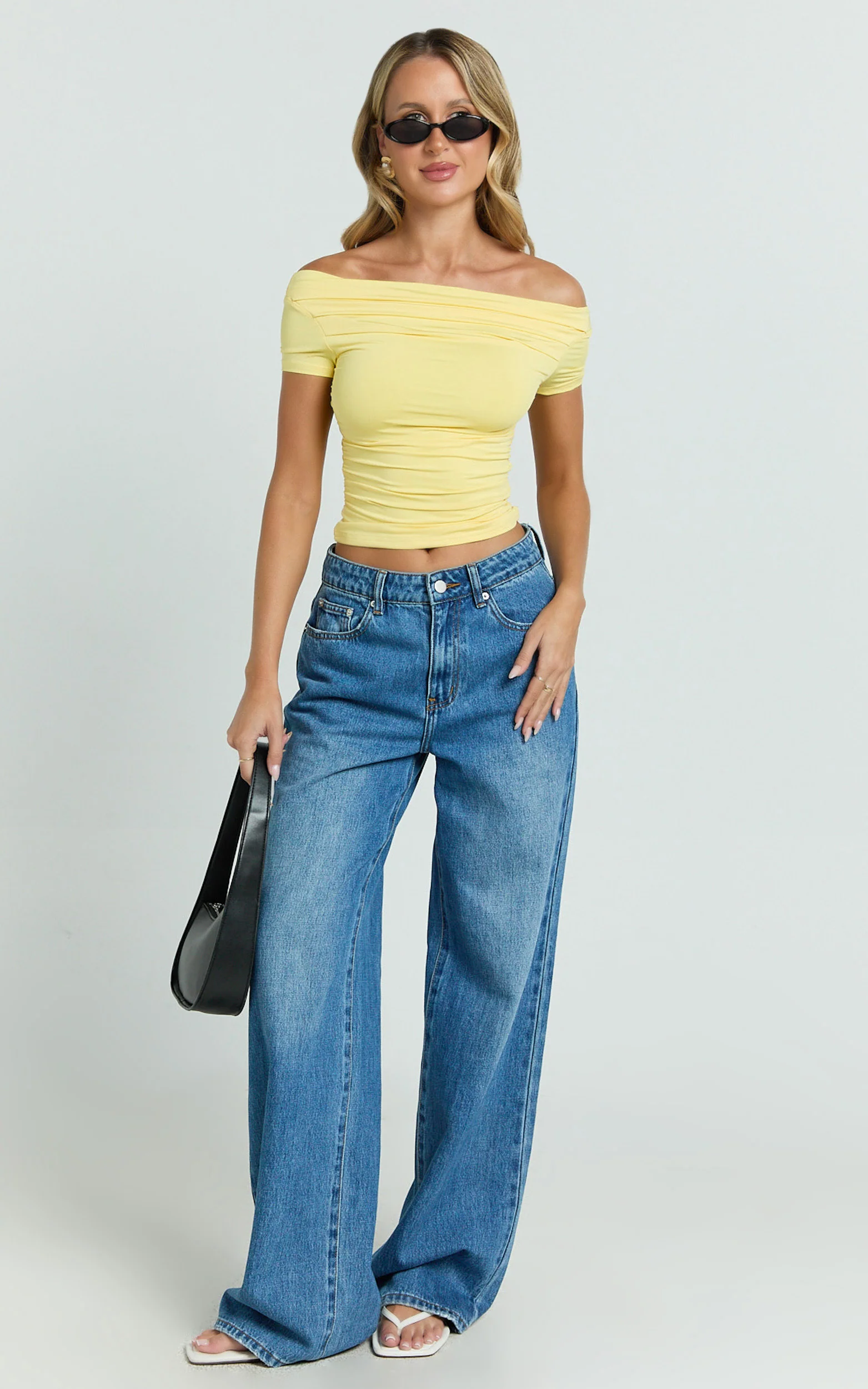 Gena Top - Off Shoulder Gathered Short Sleeve Top in Pastel Yellow