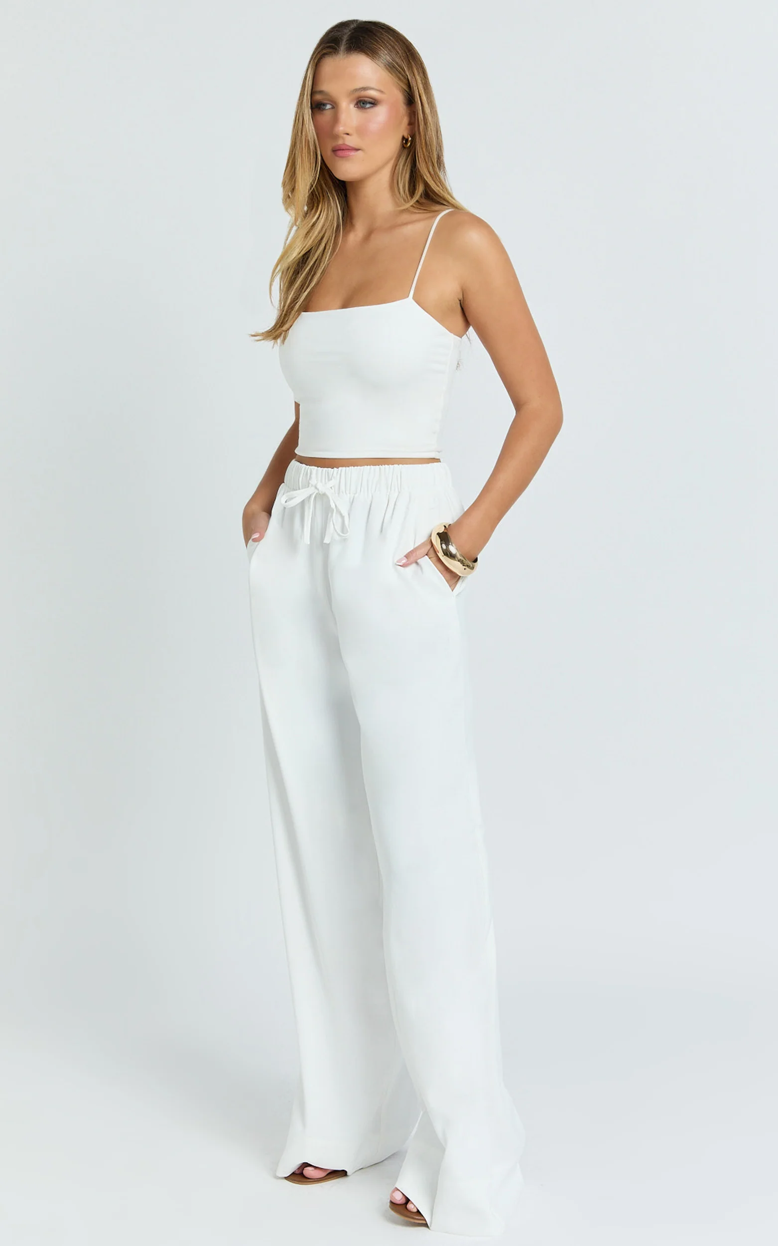 Nicole Pants - High Waist Elasticated Gathered Waist Wide Leg Pants in White