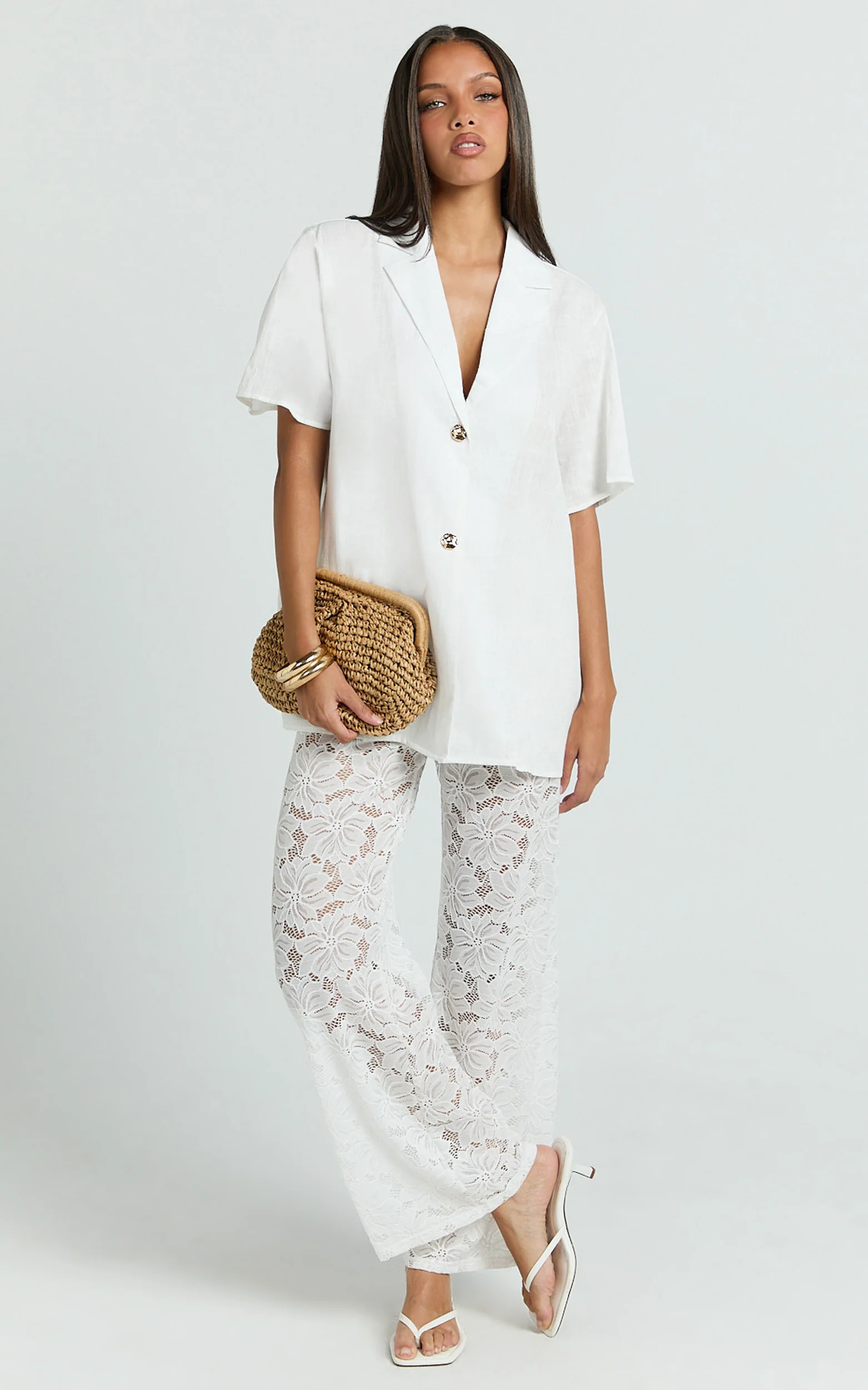 Jemma Two Piece Set - Relaxed Shirt and Lace Pants Set in White