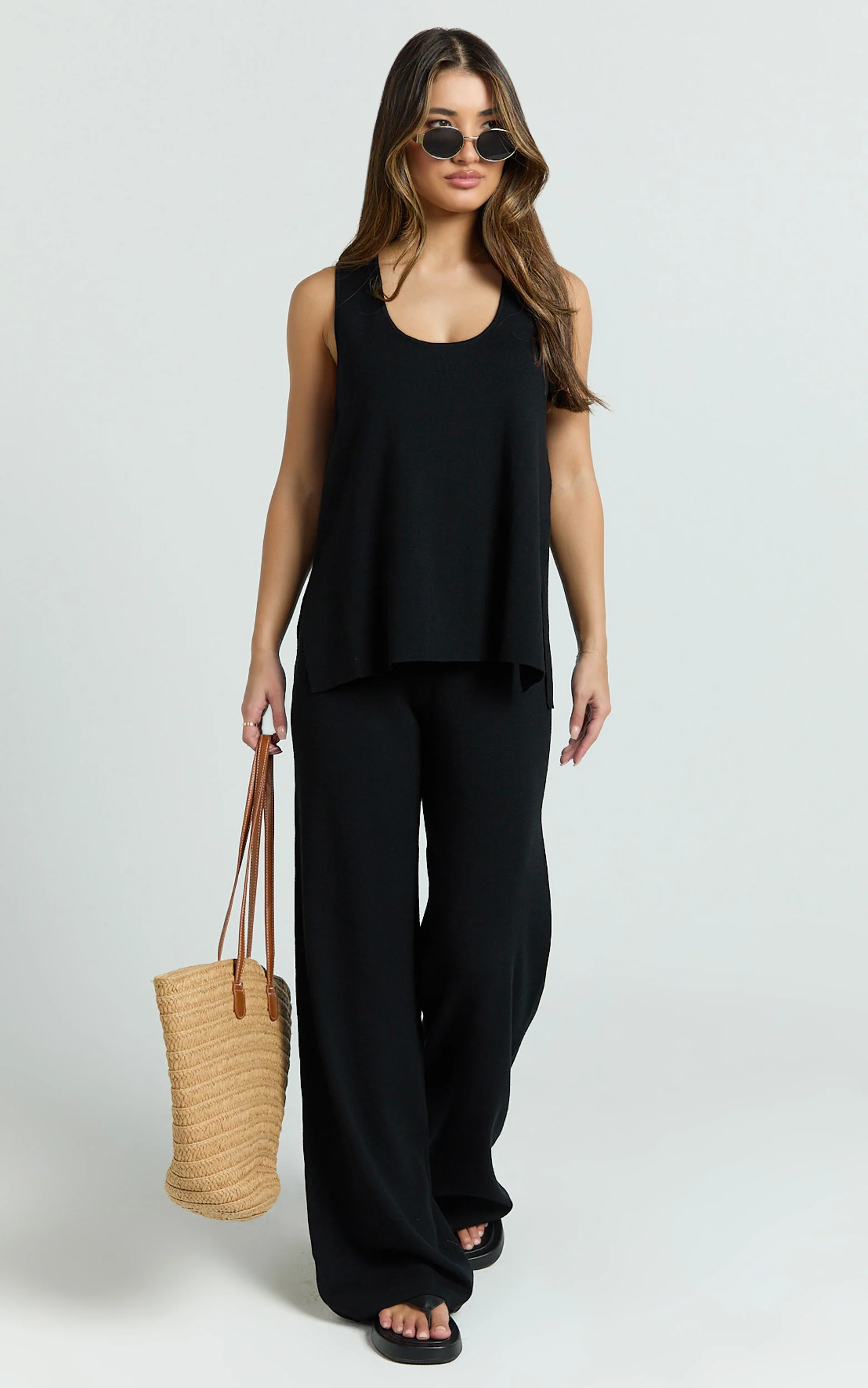 Leonie Two Piece Set - Knit Shell Top and Pant Set in Black