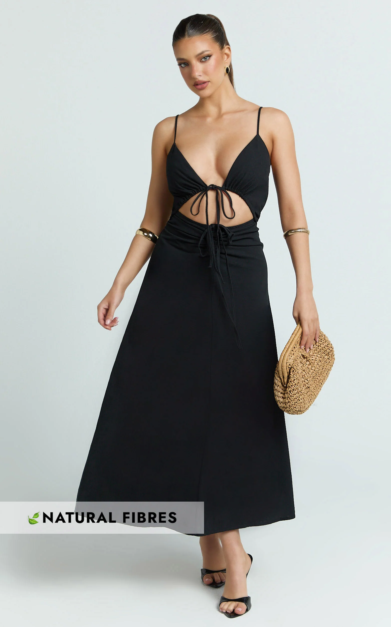 Daphne Maxi Dress - Gathered Cut Out A Line Dress in Black