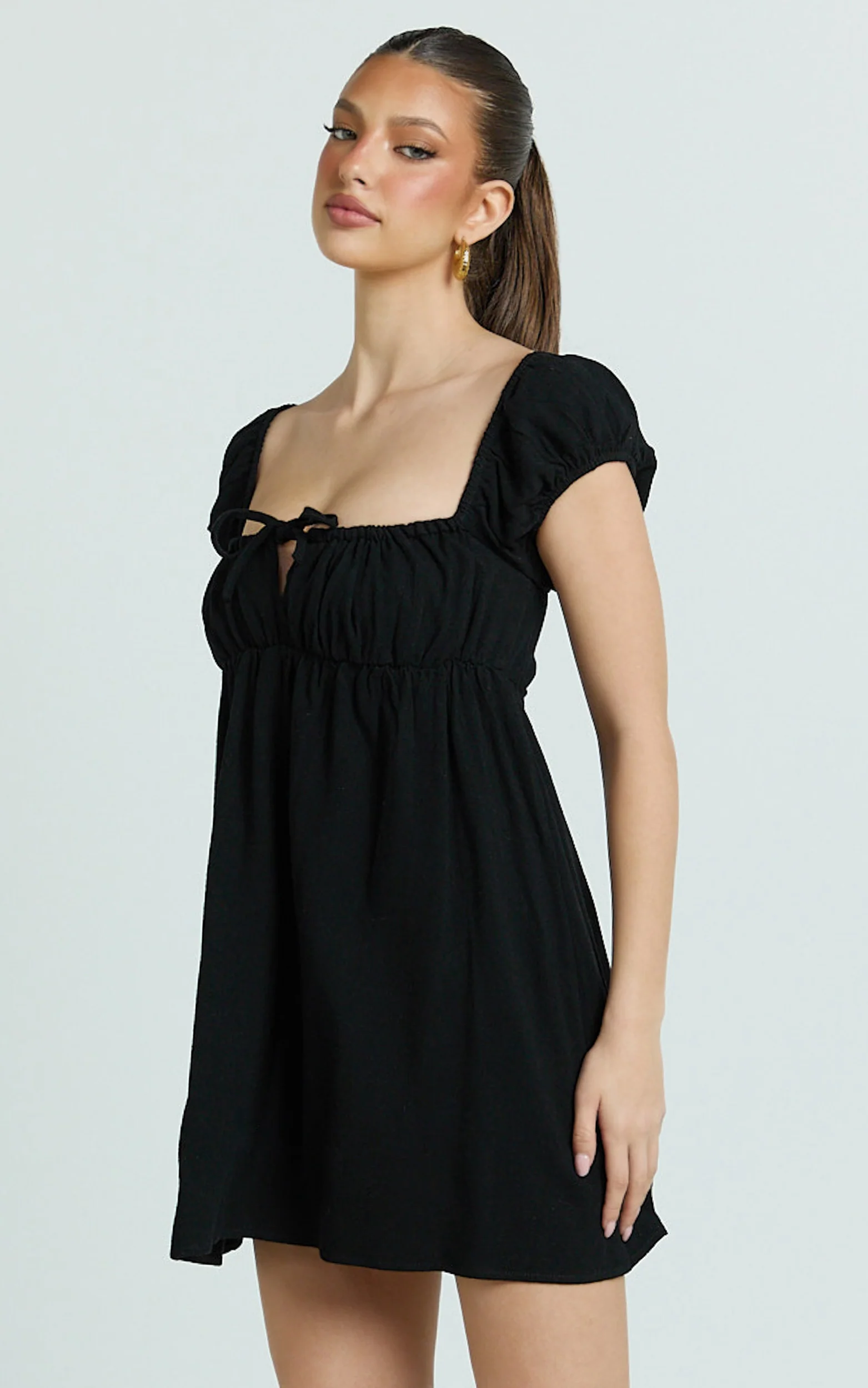 Brooks Mini Dress - Puff Sleeve Front Tie Babydoll Dress in Black