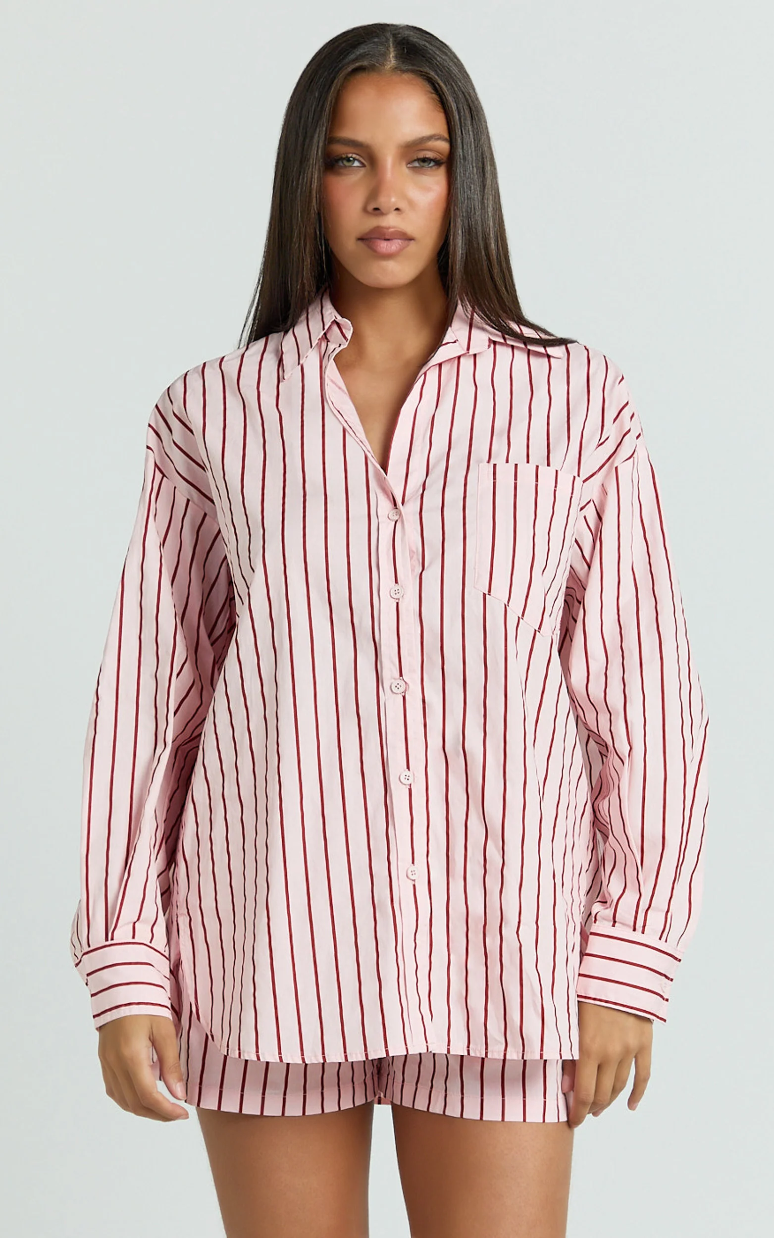 Tristan Top - Oversized Button Down Long Sleeve Striped Shirt in Pink