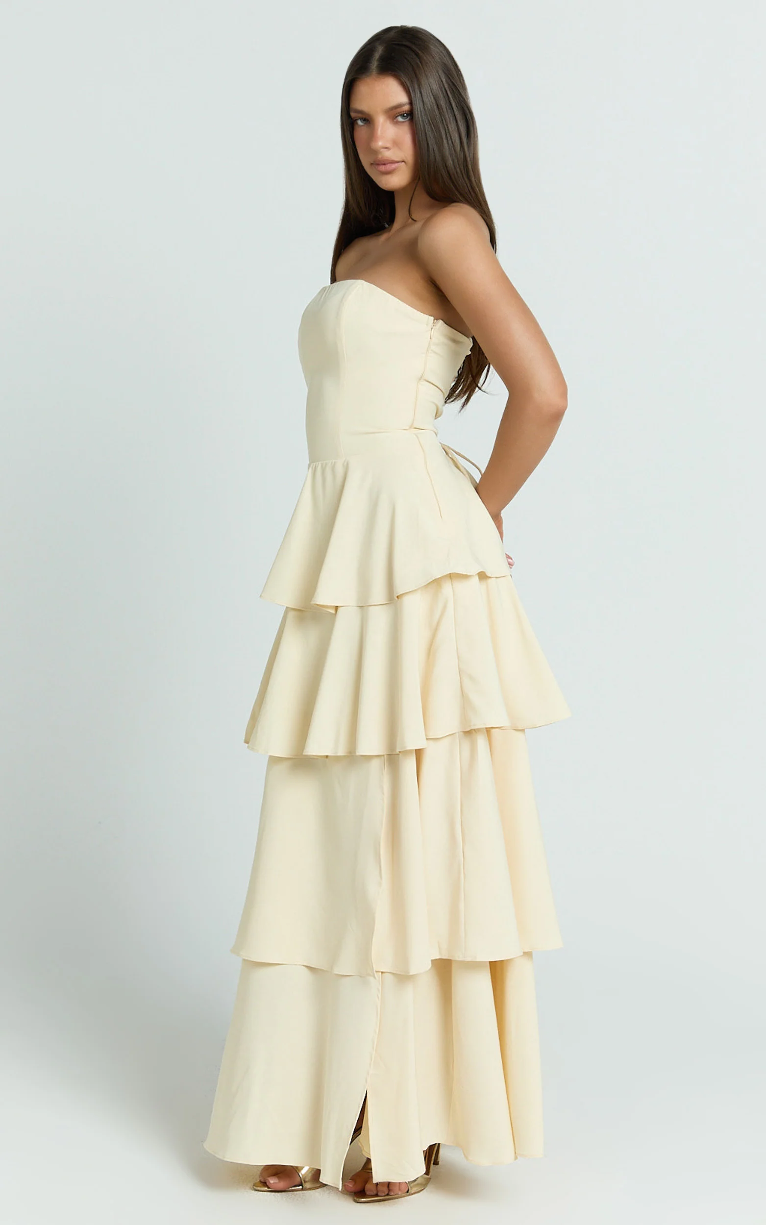 Suzy Midi Dress - Tiered Ruffle Lace Up Dress in Lemon