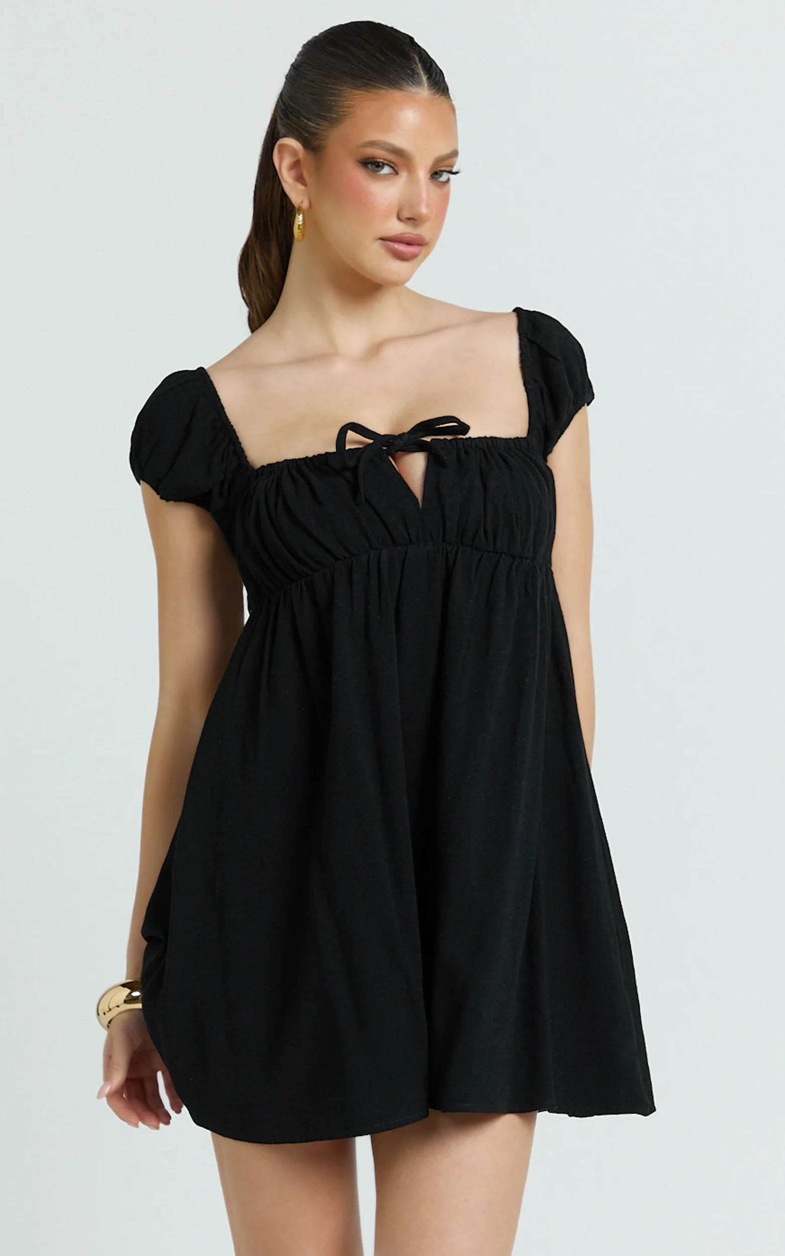 Brooks Mini Dress - Puff Sleeve Front Tie Babydoll Dress in Black