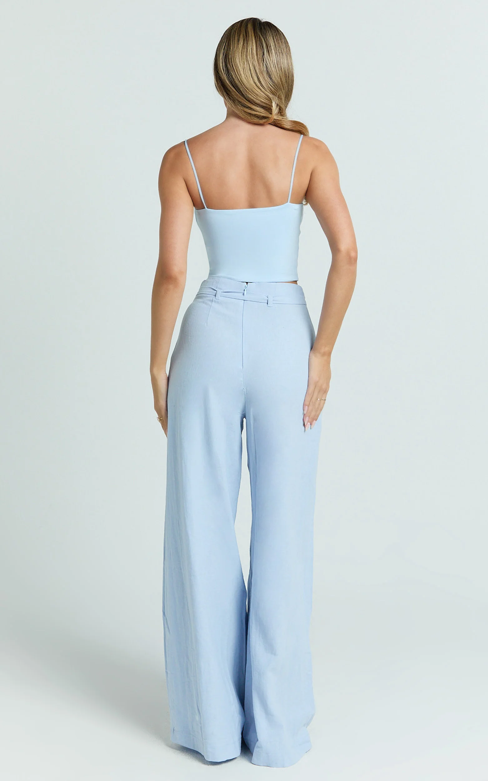 Kyra Pants - Linen Look Belted Wide Leg Pants in Blue