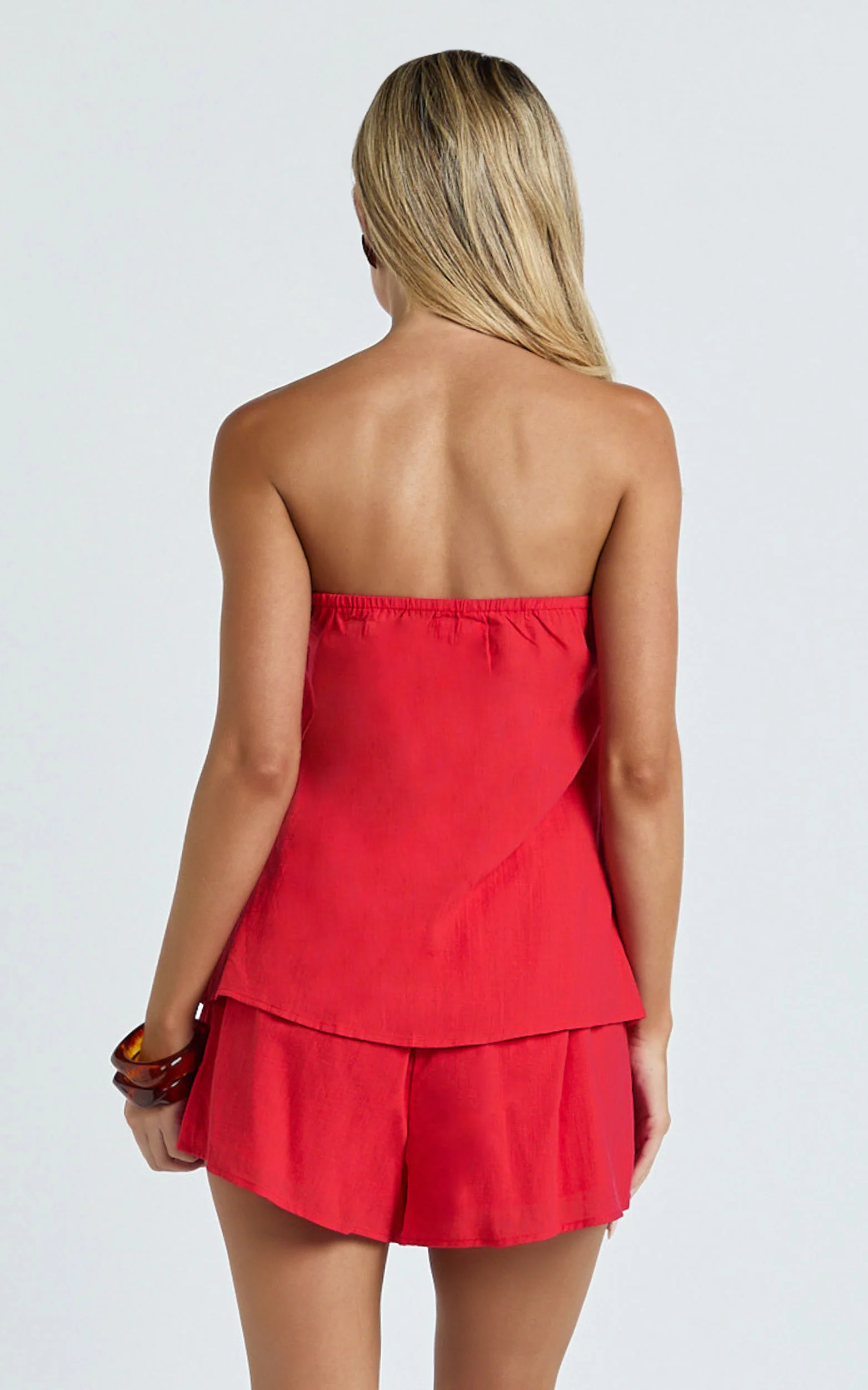 Mardie Two Piece Set - Pin Tuck Strapless Top and Short Set in Red
