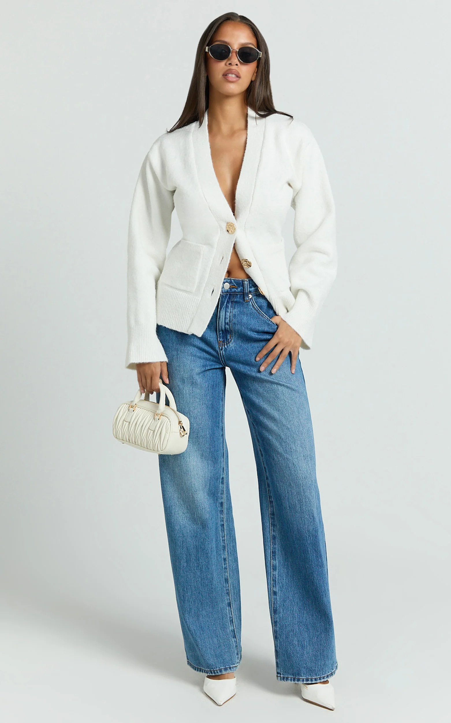 Nerissa Cardigan - V Neck Recycled Knit Contoured Cardigan in Cream