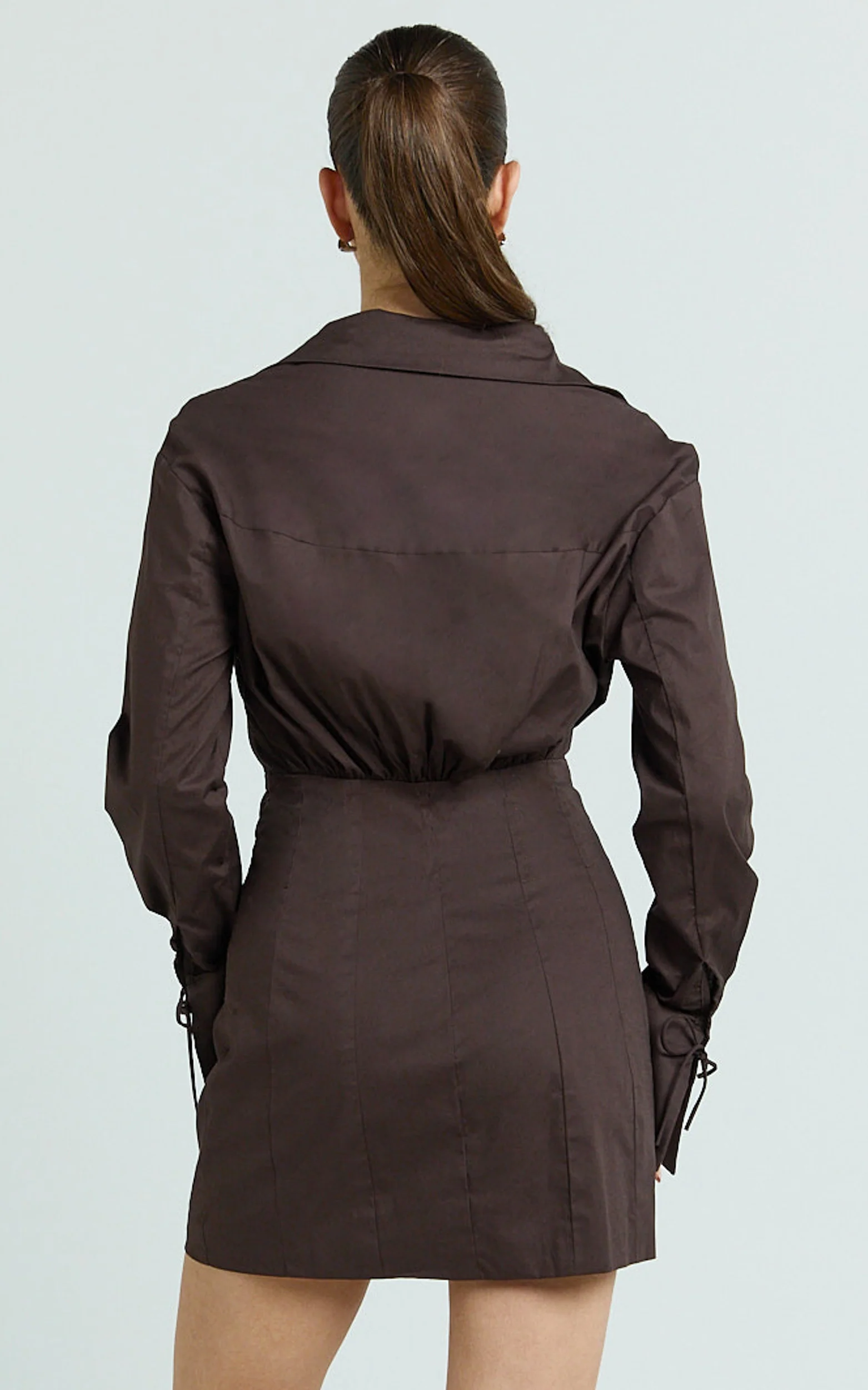 Gino Mini Dress - Collared Button Down Corset Waist Shirt Dress in Chocolate