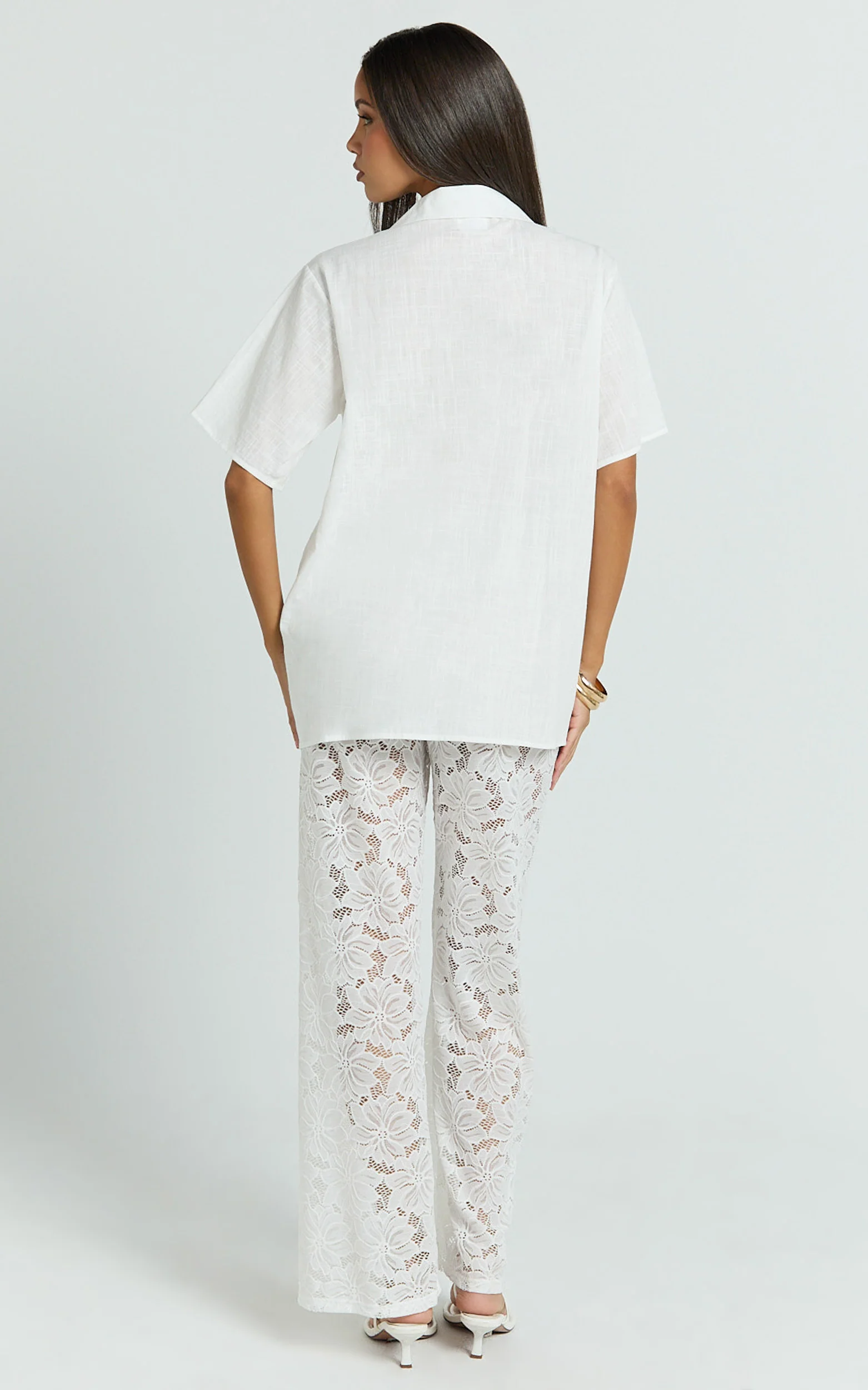 Jemma Two Piece Set - Relaxed Shirt and Lace Pants Set in White