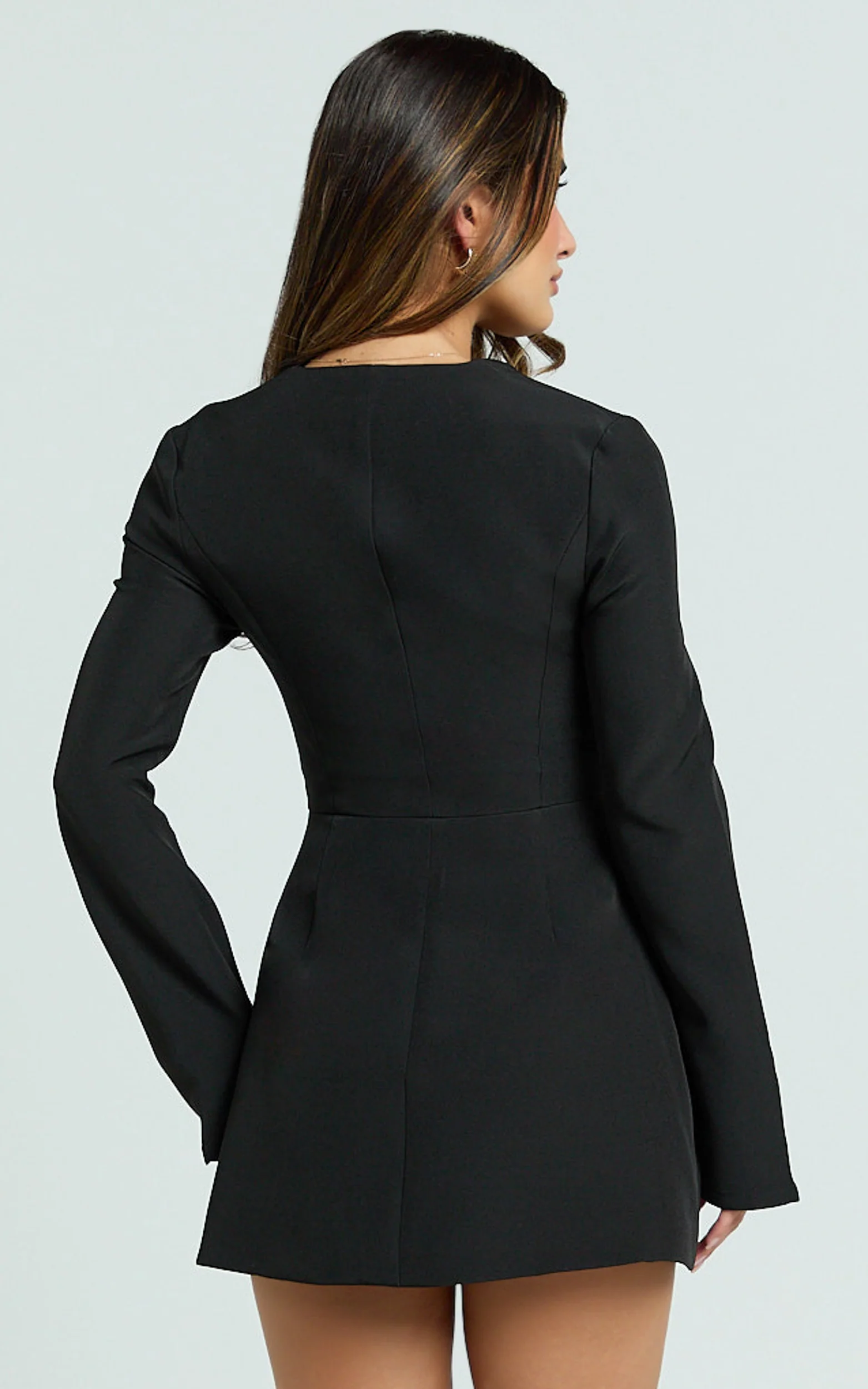 Lausanne Mini Dress - Sweetheart Neck Long Sleeve Zip Front Tulip Dress in Black