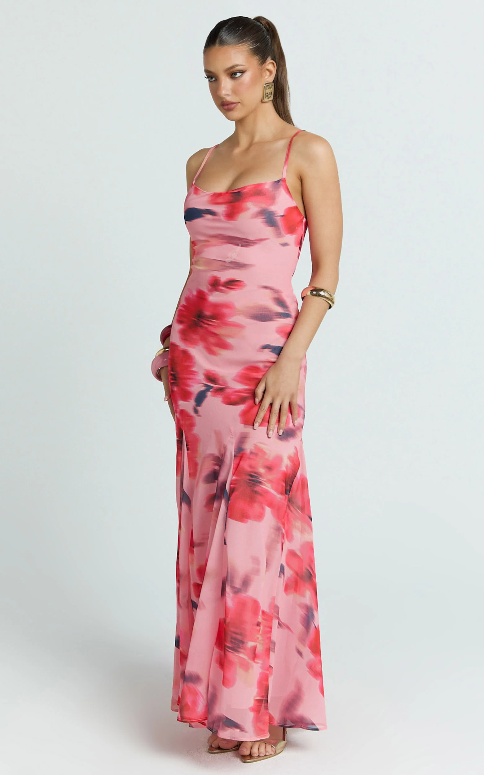 Claudia Maxi Dress - Floral Cowl Neck Godet Dress in Pink Floral