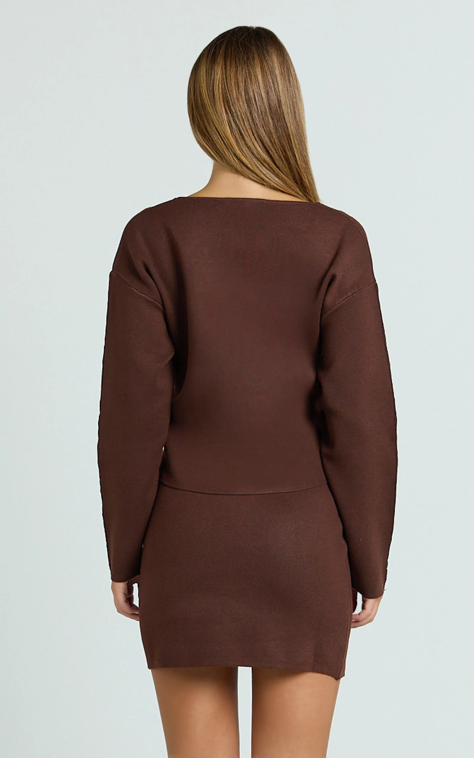 Charisse Two Piece Top and Skirt Set - Knit Cardigan And Mini Skirt in Chocolate