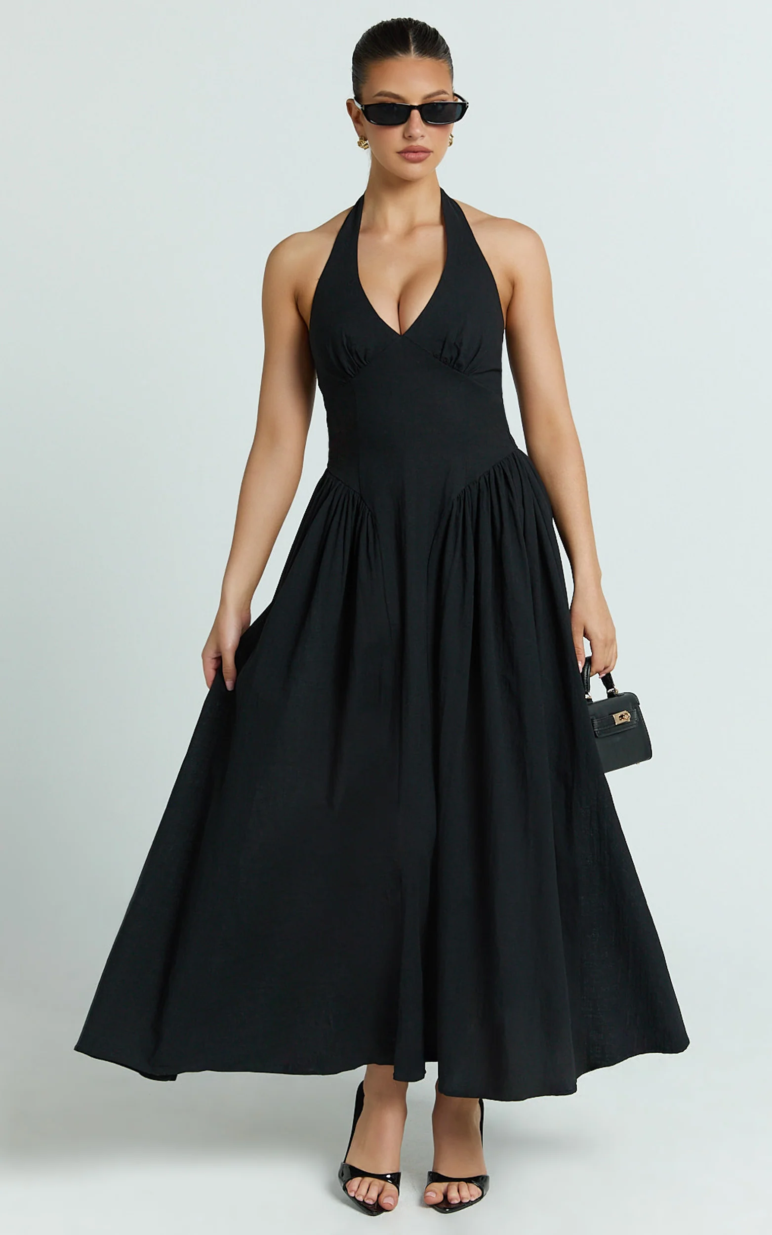 Athena Midi Dress - Halter Drop Waist Dress in Black