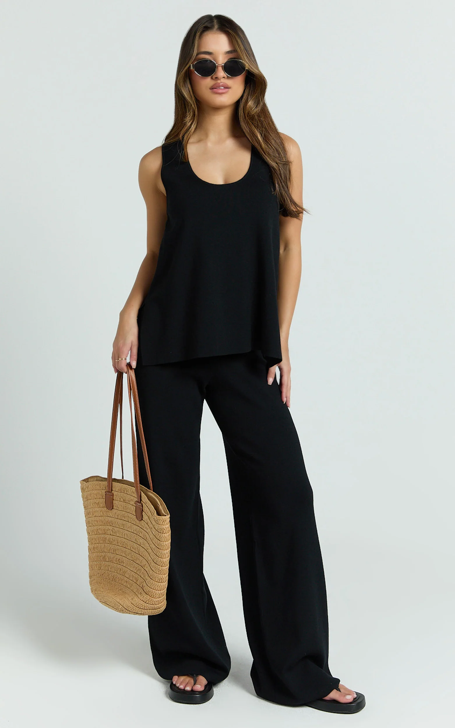 Leonie Two Piece Set - Knit Shell Top and Pant Set in Black