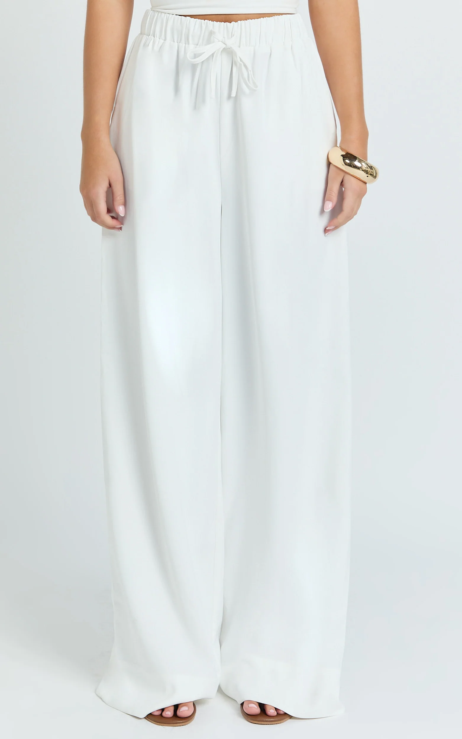 Nicole Pants - High Waist Elasticated Gathered Waist Wide Leg Pants in White