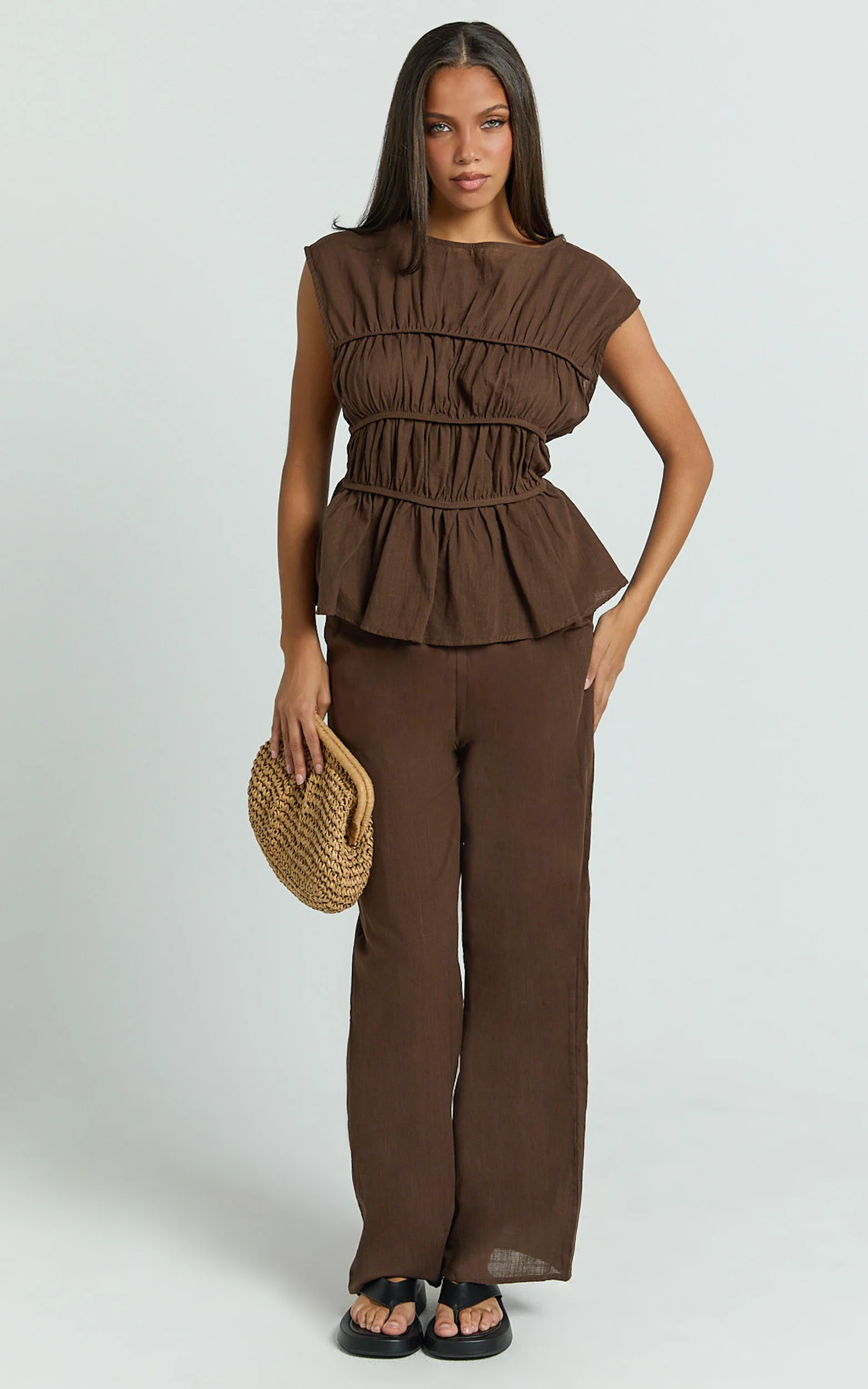 Auric Two Piece Set - Ruched Detail Top and Wide Leg Pants Set in Brown