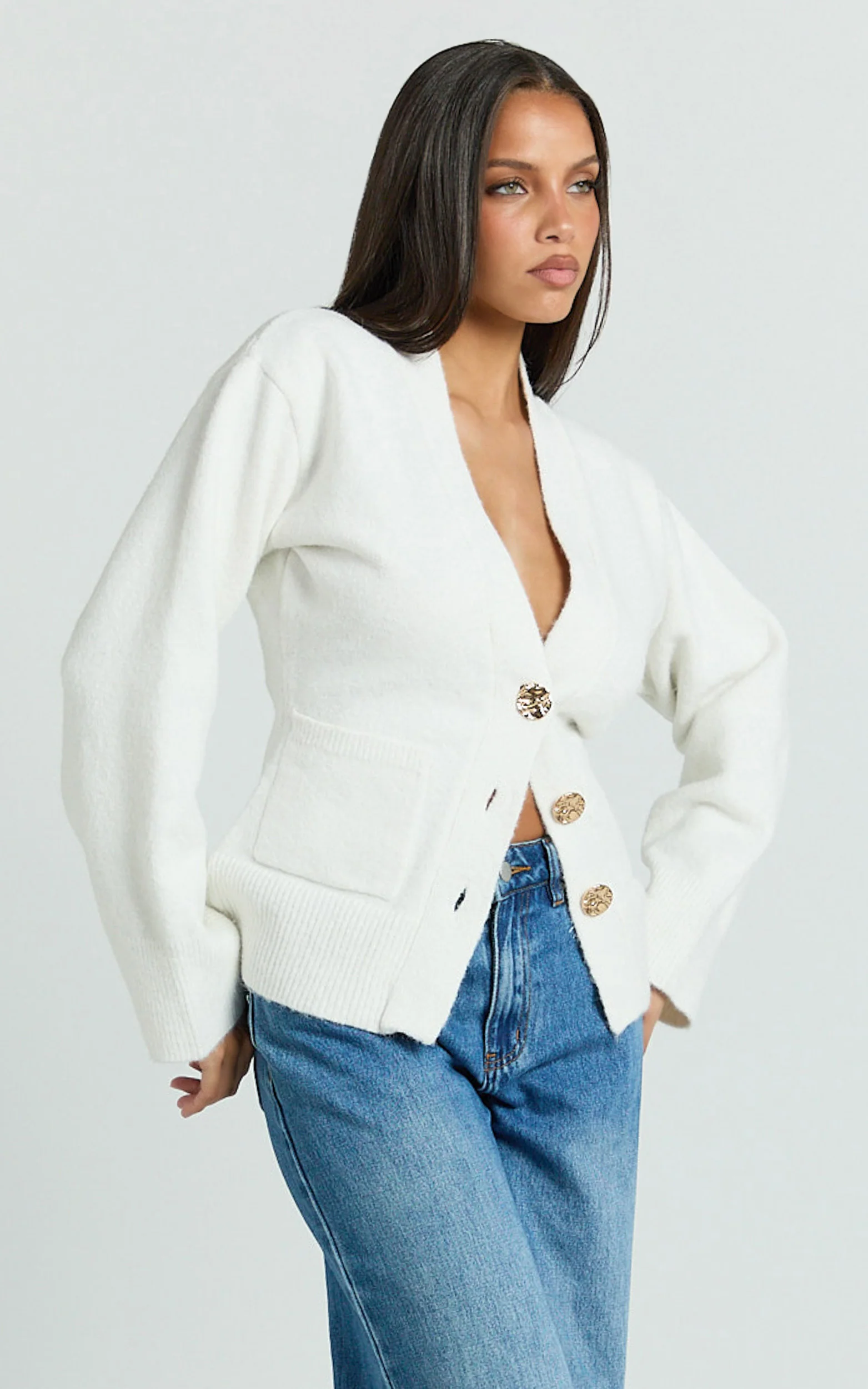 Nerissa Cardigan - V Neck Recycled Knit Contoured Cardigan in Cream