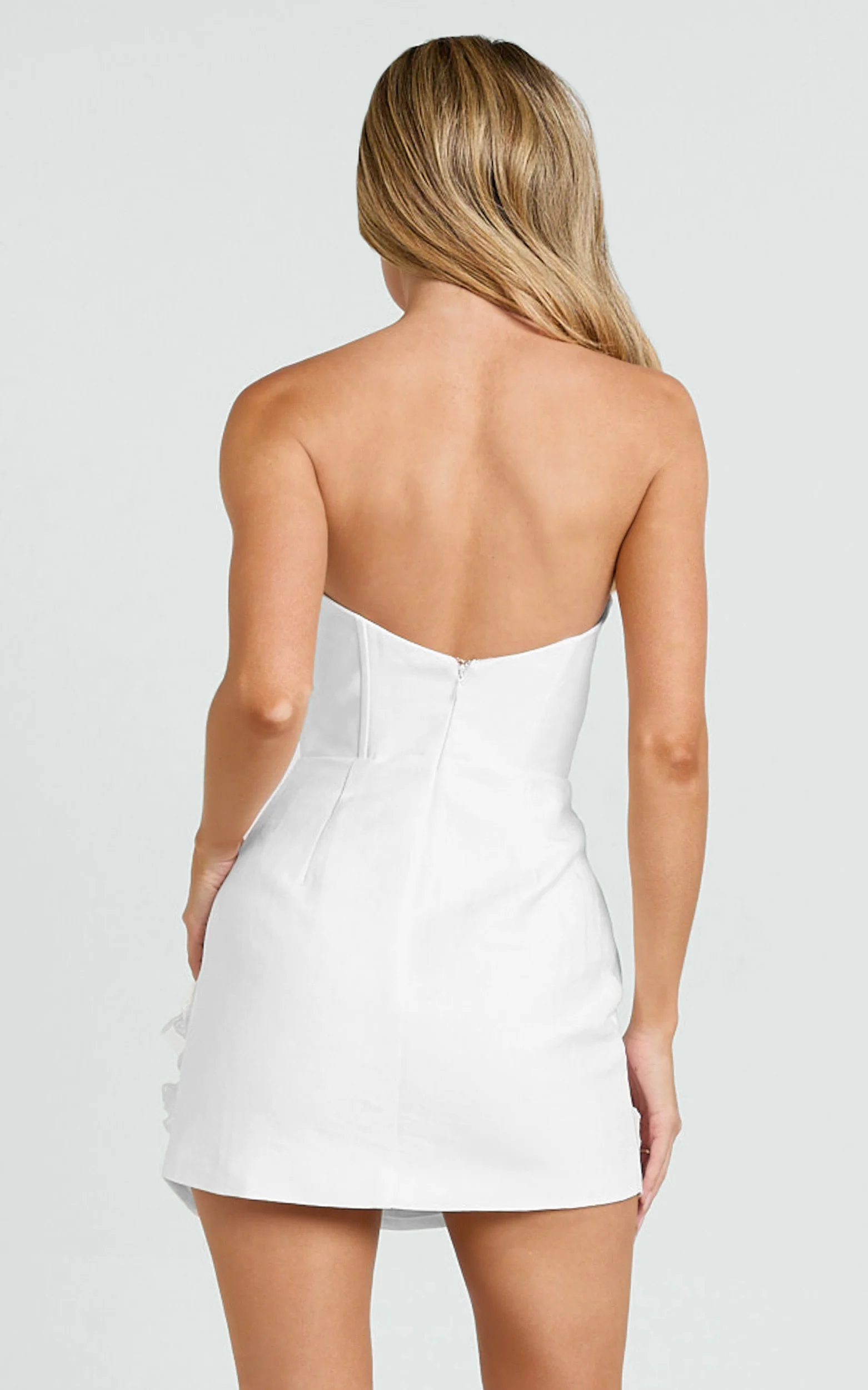 Dolores Mini Dress - Strapless Plunge Bodycon Leg Split Dress in White