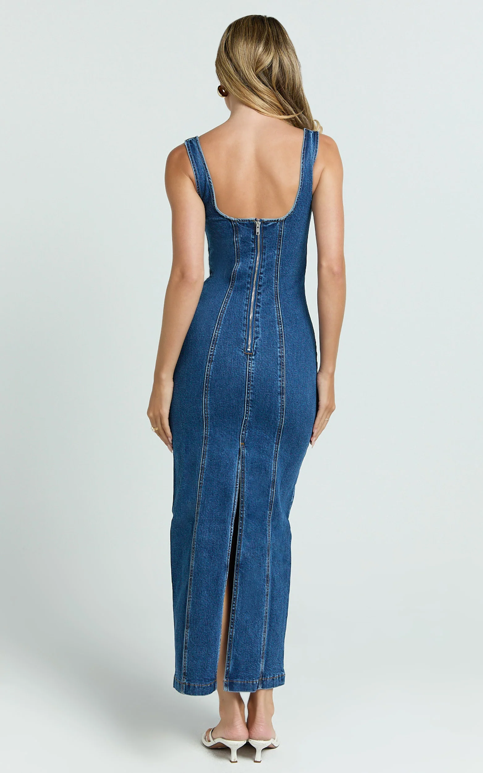 Kristie Maxi Dress - Wide Neck Corset Detail Denim Dress in Dark Blue Wash