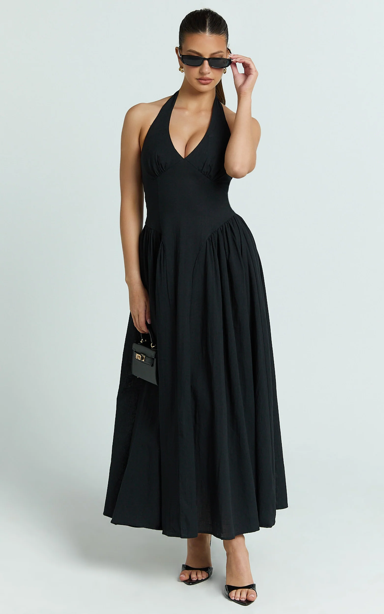 Athena Midi Dress - Halter Drop Waist Dress in Black