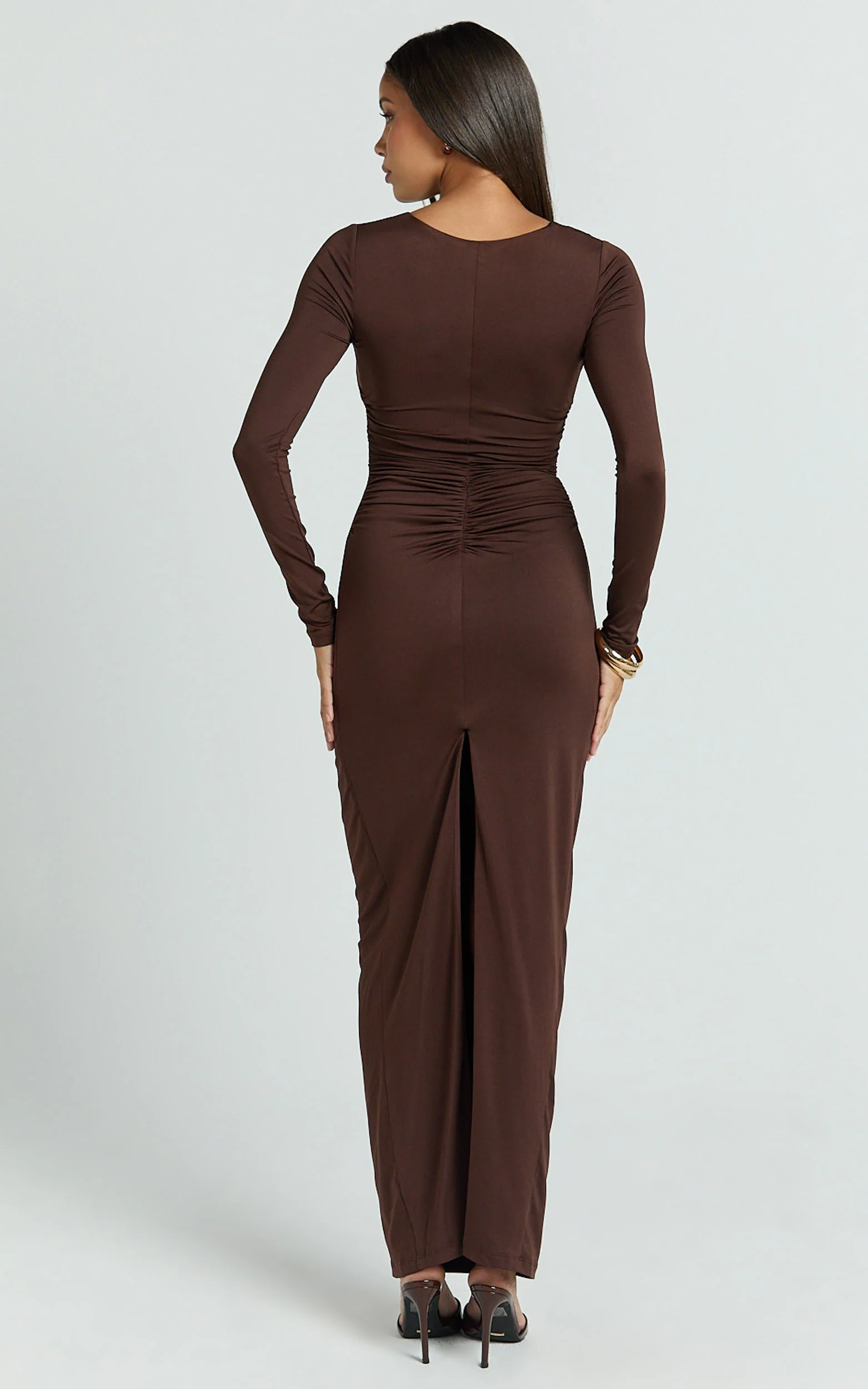 Dixie Maxi Dress - Plunge Long Sleeve Bodycon Dress in Chocolate