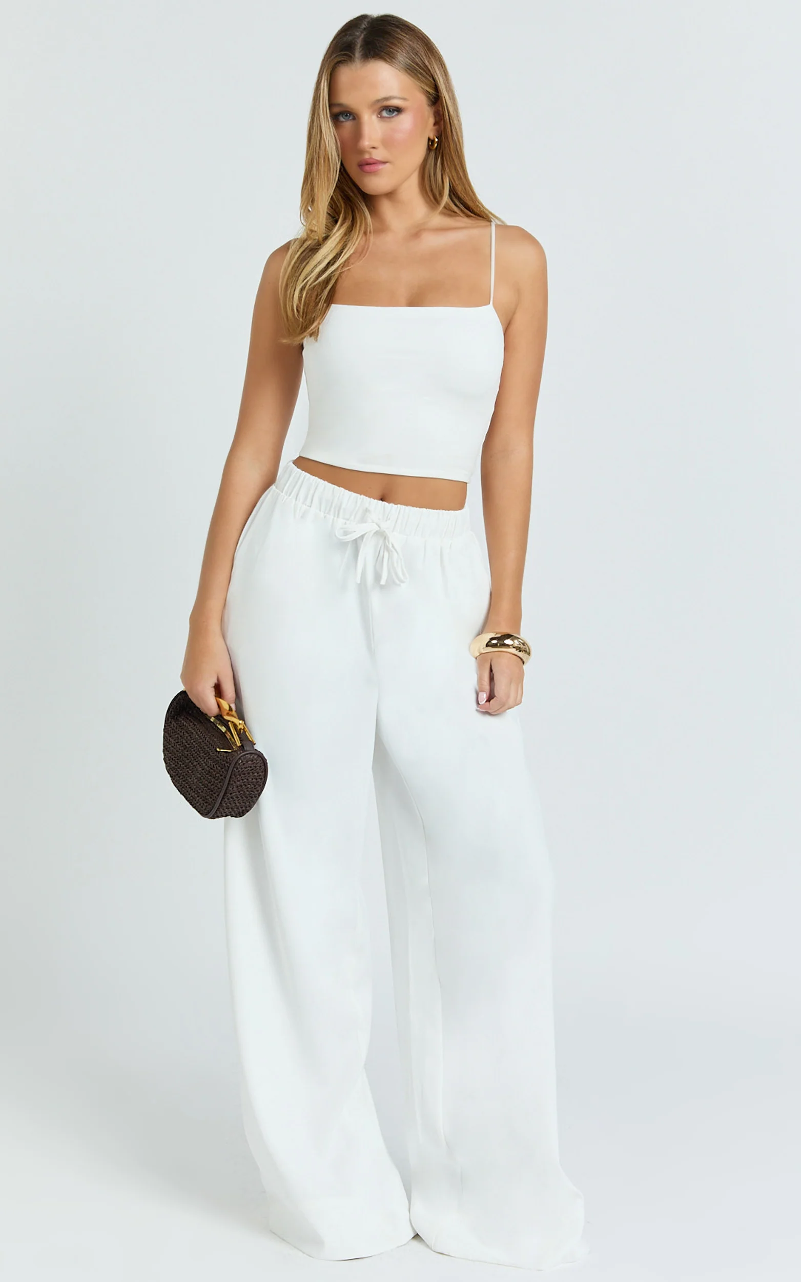 Nicole Pants - High Waist Elasticated Gathered Waist Wide Leg Pants in White
