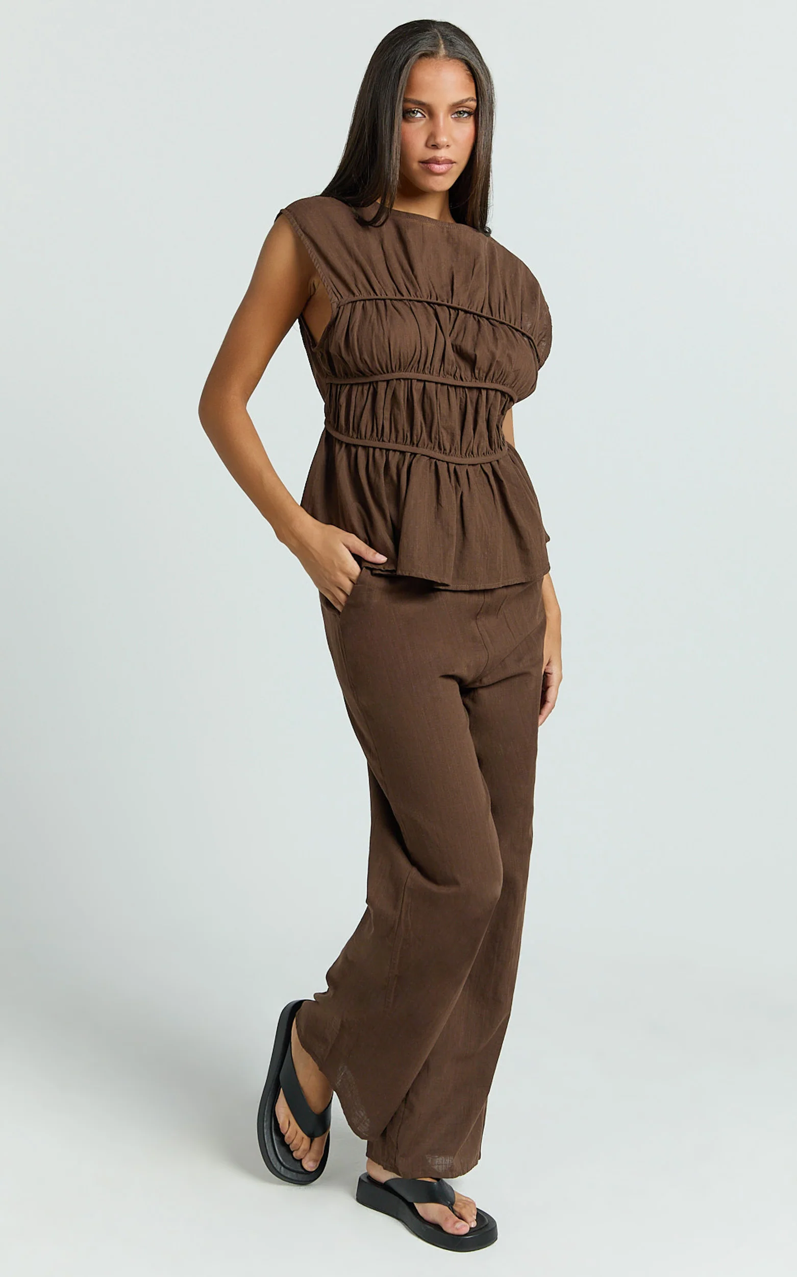 Auric Two Piece Set - Ruched Detail Top and Wide Leg Pants Set in Brown