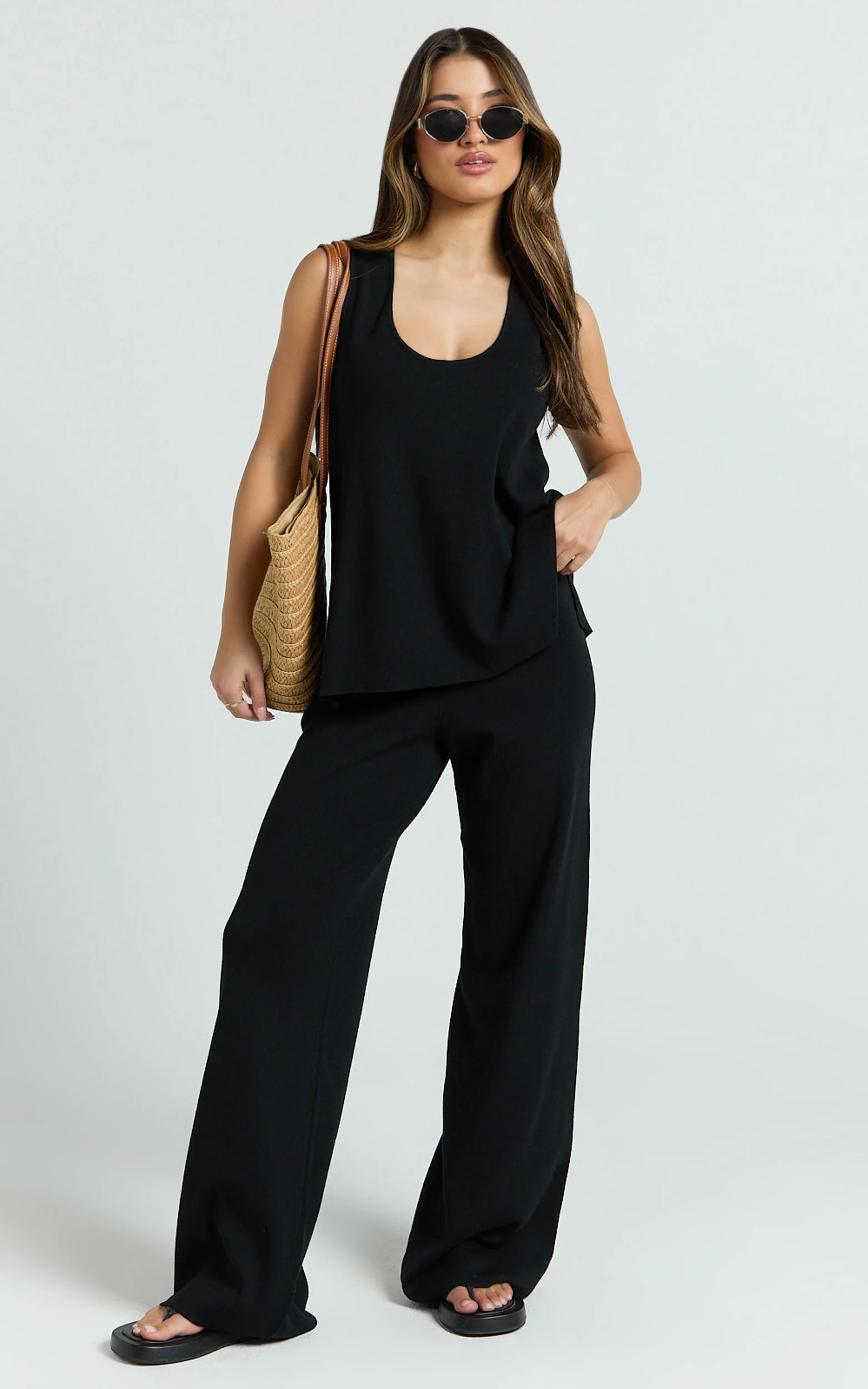 Leonie Two Piece Set - Knit Shell Top and Pant Set in Black