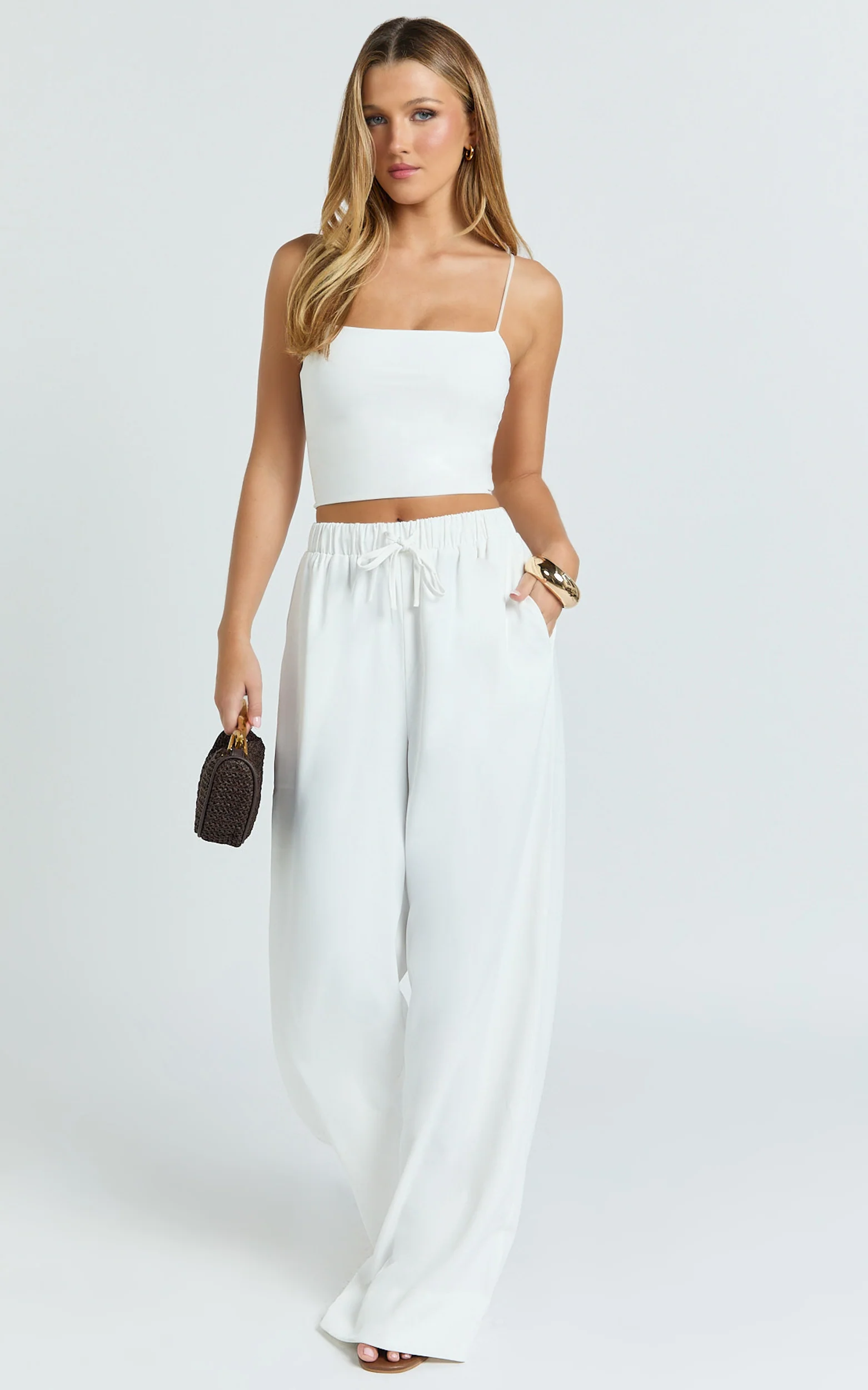 Nicole Pants - High Waist Elasticated Gathered Waist Wide Leg Pants in White